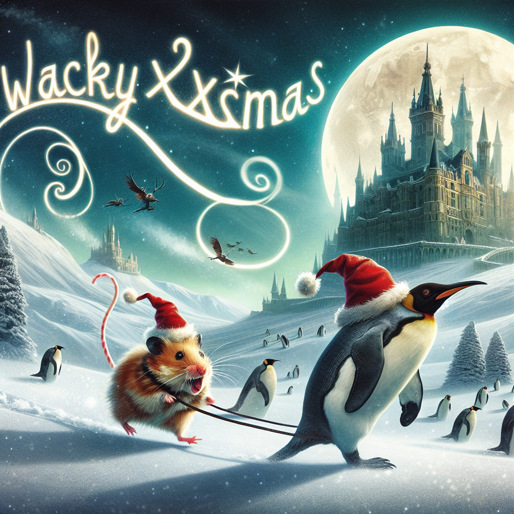 A whimsical surreal Christmas illustration depicts a determined hamster donning a Santa hat, valiantly riding a penguin across a snow-dusted landscape, the silhouette of Hogwarts looming grandly in the background. The scene is bathed in ethereal moonlight, casting an enchanting glow that accentuates the madness of the moment, with the phrase 'Wacky Xmas' curling in the sky like a ribbon of smoke.
Generated with these themes: Hamster riding a penguin, Hogwarts, and Moonlight.
Made with ❤️ by AI.