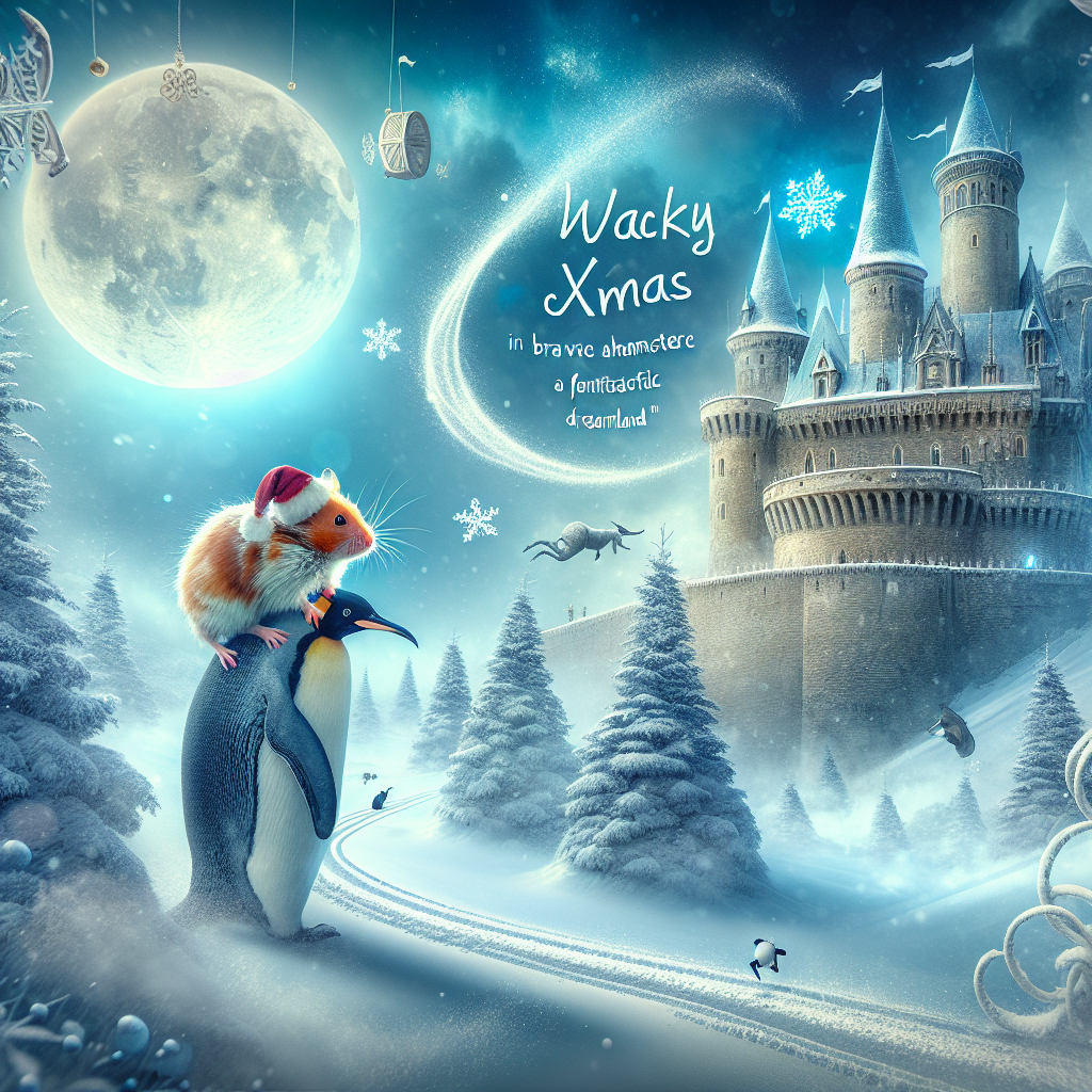 In this otherworldly Christmas scene, a plucky hamster is perched atop a penguin, as if emerging from a spellbound race across a winter wonderland. Hogwarts stands majestically amidst swirling snowflakes, with towers piercing the serene, moonlit night. The surreal image is completed with 'Wacky Xmas' whimsically inscribed in the heavens, adding a touch of levity to the magical setting.
Generated with these themes: Hamster riding a penguin, Hogwarts, and Moonlight.
Made with ❤️ by AI.