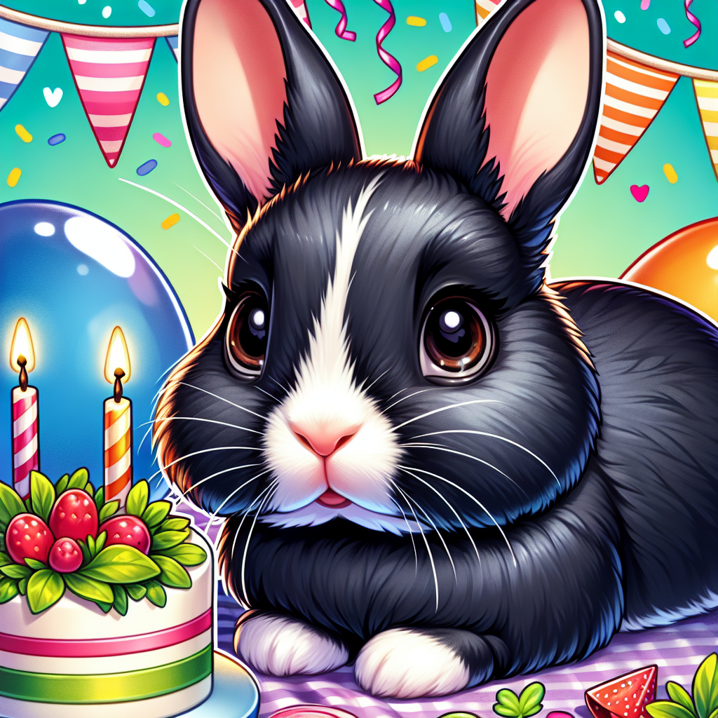 Create a captivating image of a black Netherland Dwarf Rabbit, with a distinctive white patch on its nose, in a birthday-themed cartoon setting. The rabbit's dark brown eyes are full of curiosity, absorbing the vibrant look of the party decorations around it. Immerse the rabbit in the joy of the event with colorful balloons, streamers, and a playful cake festooned with fresh greens. The rabbit's age should be depicted as neither too young nor too old, capturing the charm of a pet that has offset the barriers of infancy and adulthood.
.
Made with ❤️ by AI.