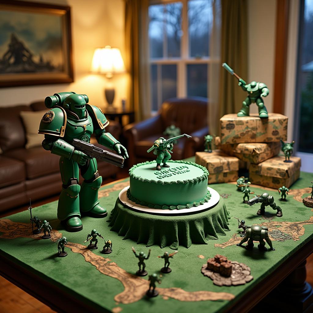 Jon's living room transforms into a Warhammer enthusiast's dream battlefield for his birthday, complete with a meticulously crafted diorama. In the heart of the room, a gaming table is festooned with a dark green felt resembling the landscape of a Warhammer map, replete with miniature battlegrounds. The centerpiece is a masterfully sculpted fondant cake, taking the form of Jon's favorite Warhammer Green Space Marine, armed with a bolter. In the icing, the words 'Happy Birthday Jon' seem almost etched onto the marine's power armor. Small sugar figures of Orks and Tyranids surround the base of the cake, detailing a miniature skirmish. Off to the side, a pile of wrapped gifts is topped with a gigantic bow, the paper designed to mimic the textures of Space Marine armor. The scene is completed with green streamers zigzagging across the ceiling and a series of custom-made paper chains that resemble the iconic Aquila, boldly announcing 'Happy Birthday Jon' in war-torn lettering. Adjacent to the refreshments, paper plates and napkins continue the theme with printed images of various Space Marine Chapters, standing ready to serve birthday guests.
Generated with these themes: Warhammer Green Space Marine.
Made with ❤️ by AI.