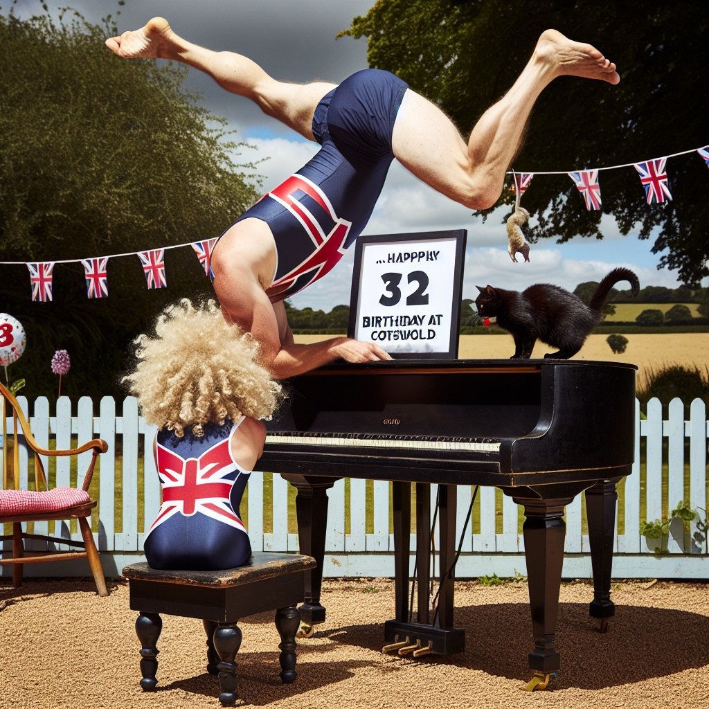 Create a humorous illustrative scene set in a summer fete at the Cotswolds. A 32-year-old with light, curly, and disheveled hair is trying to do a handstand on a grand black piano while donned in a Team GB gymnastics outfit. Also in this setting, a black cat coyly watches the proceedings, a dead mouse clutched in its mouth, further heightening the quirkiness of this birthday celebration.
Generated with these themes: Toddler with light curly messy hair, 32 years old, Team GB gymnastics, Black cat with a dead Mouse in its moutb, Cotswolds summer fete , and Black Grand Piano.
Made with ❤️ by AI.