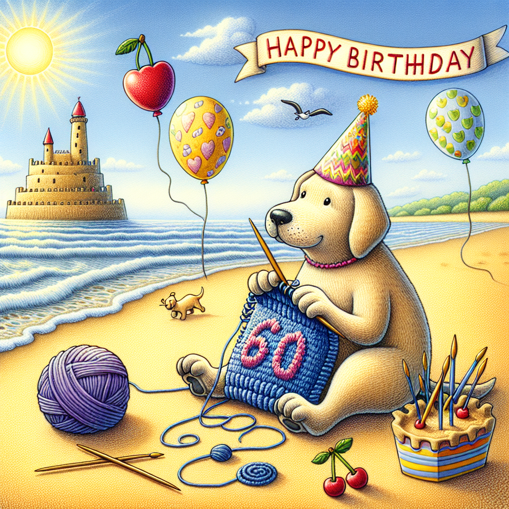 The scene unfolds on a sunlit beach where a cartoon Labrador, adorned with a party hat, is busy knitting a design featuring the number '60', sitting adjacently to a sandcastle. Waves are gently caressing the sandy shore, scattered with motifs of cherries, whereas in the overhead sky, a banner proclaims 'Happy Birthday.' Furthermore, balloons mimicking the shapes of knitting needles as well as balls of yarn are leisurely floating around.
Generated with these themes: Knitting, Beach, Cherries, Labrador, and 60.
Made with ❤️ by AI.