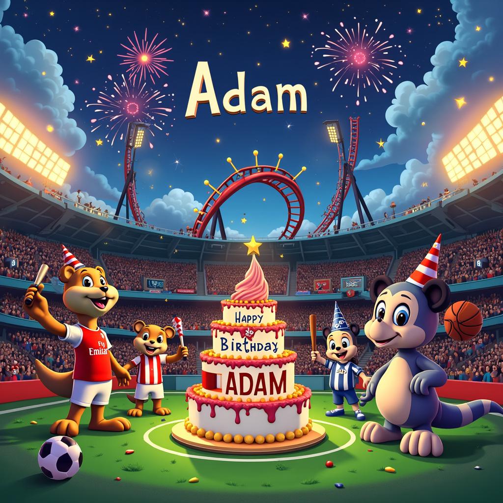 The scene is set in a vibrant, bustling cartoon-like soccer stadium where the green field buzzes with excitement. At the center, an elaborate birthday cake shaped like a soccer ball proudly displays the message "Happy Birthday Adam" in bold, playful letters. Surrounding the cake are various team mascots: Gunnersaurus from Arsenal sports a red and white jersey, the New York Yankees' mascot wields a baseball bat, while the Orlando Magic's mascot skillfully spins a basketball on one finger. Adding to the festive atmosphere, the Tampa Bay Buccaneers' mascot brandishes a pirate flag. In the background, the iconic Rip Ride Rockit Rollercoaster from Universal Studios Hollywood twists and turns against the sky, as colorful fireworks burst around it, illuminating the night. The stands are alive with fans waving flags from Arsenal FC, New York Yankees, Orlando Magic, and Tampa Bay Buccaneers, all cheering enthusiastically. Above the stadium, fluffy clouds whimsically spell out "Adam" while stars and comets dance around in the night sky, creating a rich and detailed scene that perfectly captures the lively spirit of a birthday celebration interwoven with sports and iconic imagery. 

Generated with these themes: Arsenal Football Club, New York Yankees Baseball Team, Orlando Magic Basketball Team, Orlando Universal Studios Hollywood Rip Ride Rockit Rollercoaster, Tampa Bay Buccaneers American Football, Soccer, and Visiting Soccer Stadiums. 
Made with ❤️ by AI.