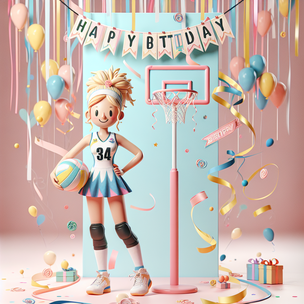 Generate an image featuring a whimsical birthday celebration with a pastel-colored backdrop. A cheerful Caucasian female netball player stands in the center of the scene, donned in her team's uniform, and a netball tucked under one arm. Above her, a banner displaying 'Happy Birthday' in playful, bold letters floats. The celebratory atmosphere is amplified by surrounding cascading balloons and confetti. A netball hoop, creatively decorated with ribbons and birthday greetings, acts as a unique frame for the character.
Generated with these themes: Wishing happy birthday to a white female netball player.
Made with ❤️ by AI.