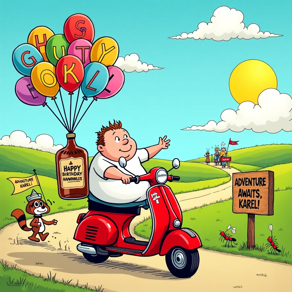 The scene unfolds on a bright, cartoonish countryside road, with rolling hills and a vibrant sky inspired by the colorful, expressive style of Charles Schulz and Bill Watterson. In the foreground, we see a whimsical, plump cartoon character with exaggerated features riding a bright red Vespa. The Vespa itself is adorned with oversized decals reminiscent of classic comic panels, with tiny cartoon characters waving from its side. Clutched in one hand is a comically oversized bottle of whiskey, its label adorned with a caricature of an old-timey prospector, echoing the playful art of Gary Larson. The whiskey sloshes around in the bottle, exaggeratedly drawn to suggest motion and a carefree ride. 

Trailing behind the Vespa is a string of colorful balloons tied to the back, floating cheerfully in the air. Each balloon carries a letter that together spells out "Happy Birthday Karel Hawinkel," with the letters cartoonishly animated to appear as if they're cheering along. In the background, a small group of cartoon animals, including a beagle suspiciously resembling Snoopy and a sly, smirking raccoon, wave little flags that read "Go, Karel!" and "Ride on!"

Above, the sky is dotted with fluffy clouds that are subtly shaped like cupcakes and whiskey bottles, a nod to the recipient’s quirky personality, while a big, friendly sun sporting sunglasses shines down. Alongside the road, a quaint little wooden sign is planted in the grass, with vintage comic-style lettering that reads, "Adventure awaits, Karel!" The scene is bustling with energy and tiny details, like a row of ants marching in single file carrying miniature party hats, adding layers of fun and mischief inspired by the playful chaos of Calvin and Hobbes.
Generated with these themes: Riding Vespa with bottle of whiskey.
Made with ❤️ by AI.