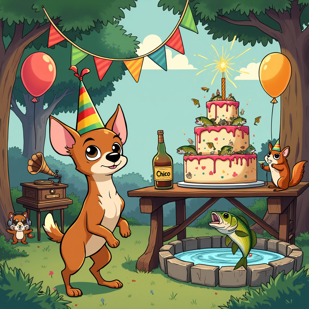 Picture a bustling cartoon birthday party in a whimsical backyard. The central character is a spunky fawn-colored Chihuahua, named Chico, wearing a party hat that's comically large for his tiny head. Chico is standing on his hind legs with his front paws gripping a gigantic, rainbow-colored birthday balloon, his big eyes wide with excitement. To his right, perched on a rustic wooden picnic table, is a classic bottle of whiskey, elegantly detailed with an old-timey label that reads "Old Hound Spirits."

In front of Chico, on the ground, there's a small kiddie pool filled with water, but instead of kids, it’s teeming with a lively school of cartoon bass fish. The bass are drawn with expressive, comical faces, and some are even wearing miniature birthday hats. One particularly cheeky bass has leapt out of the pool, doing a mid-air somersault while holding a tiny cocktail glass filled with whiskey, splashing drops around.

In the background, towering over the scene, is an oversized birthday cake, decorated with colorful icing and topped with sparklers shooting out golden sparks. The cake is adorned with fish-shaped decorations and Chihuahua figurines, making it a charmingly chaotic blend of the themes. Surrounding the cake are other party animals, such as a mischievous raccoon trying to sneak a sip of whiskey and a curious squirrel gazing at the bass in the kiddie pool.

Streamers and balloons in bright, primary colors hang from the trees, and a whimsical banner that says "Happy Barkday" stretches across the top of the scene. On the left side, you see a vintage, Disney-esque phonograph playing music, with a little squirrel DJ wearing headphones and looking like he’s really into the groove.

The entire scene is detailed with vibrant, clean lines reminiscent of Hergé's Tintin, yet maintains a humorous twist akin to Gary Larson’s The Far Side. Each element is bursting with life and character, making it a hilariously memorable birthday bash captured in a single, dynamic snapshot.
Generated with these themes: Fawn Chihuahua, Whiskey, and Bass drun.
Made with ❤️ by AI.