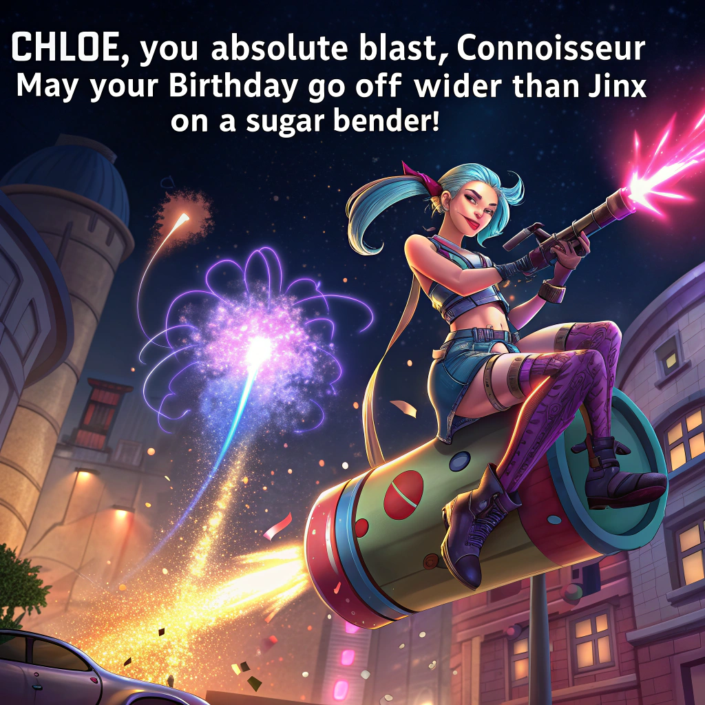 At the top of the image, "Chloe, you absolute blast-connoisseur – may your birthday go off wilder than Jinx on a sugar bender!"

- In the center of the illustration, create a surreal birthday party scene set in the neon-drenched streets of Zaun. 
- Jinx is riding a missile like it’s a birthday piñata, her blue pigtails swirling behind her as confetti explodes from a weapon that fires cake slices instead of bullets.
- Vi stomps onto the scene wearing her iconic gauntlets, each oversized glove punching balloons into animals mid-air — one morphs into a flying birthday dragon wearing a party hat.
- Chloe is portrayed in the middle, wearing a slightly chaotic, shimmer-trimmed Arcane-style jacket, grinning madly as she dual-wields two sparkly birthday blasters — one shaped like a cupcake cannon, the other firing streamers.
- Background should swirl into an unreal, steampunk-vibe sky where hextech gears spin through clouds made of candy floss, and cake sprinkles rain like glitter.

Let the scene embody energy, chaos, and joyous madness — pure Jinx-style birthday euphoria with an Arcane twist!
Generated with these themes: Arcane League Of Legends, Jinx Arcane League Of Legends, Vi Arcane League Of Legends, Jinx weapons Arcane League Of Legends, and Gauntlets Arcane League Of Legends.
Made with ❤️ by AI.