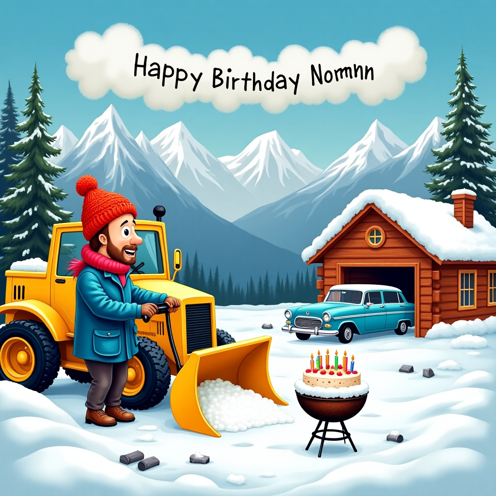 The front cover of the greeting card captures a vibrant, wintry birthday scene with a humorous twist. In the foreground, a man wearing a bright red wooly hat stands next to a large yellow snow plow, its massive blade partially buried in a bank of fluffy, white snow. The man, dressed in a cozy blue jacket and matching gloves, holds a snow blower, comically pointed towards a traditional white cake adorned with colorful birthday candles. The cake sits whimsically on top of a small, makeshift barbecue grill, which is half-buried in snow, with a few stray pieces of charcoal scattered around.

In the background, a charming log cabin-style house painted in warm, earthy browns is nestled at the foot of a series of towering, majestic mountains, their peaks dusted with snow. Adjacent to the house is a red wooden garage, slightly open to reveal the rear end of a classic blue station wagon, its tires encased in the icy ground.

Above the scene, in the clear, crisp sky, fluffy white clouds frame the snowy mountaintops. Written in playful, puffy cloud letters, the name "Norman" floats serenely among the clouds, adding a whimsical touch.

Each element in this scene is richly detailed, with the realistic texture of the snow, the subtle shine on the cake’s icing, and the intricate patterns on the man’s wooly hat, creating a lively and intricate tableau. The overall composition juxtaposes the warmth of a birthday celebration with the cool, crisp beauty of a snowy landscape.
Generated with these themes: Snow plow, Man, Wooly hat, Snow, House, Garage, Car, Snow blower, Birthday cake, Mountains, Barbeque, and .
Made with ❤️ by AI.