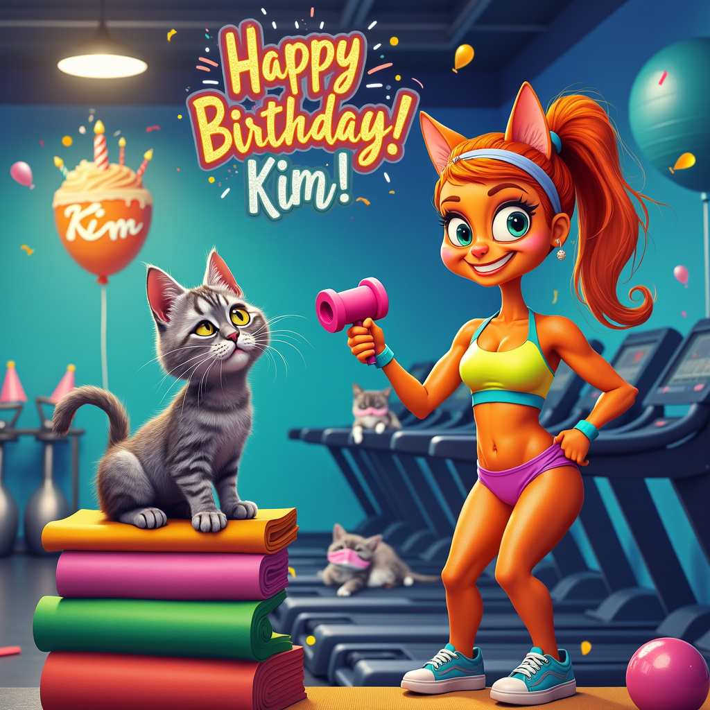 Picture a quirky, vibrant birthday scene set in a lively gym. In the foreground, a silver tabby cat is perched confidently on a stack of colorful gym mats, its whiskers twitching with mischief. The tabby is wearing tiny sweatbands on its paws and a miniature headband, clearly ready for a workout. To the right, a woman with long, flowing ginger hair tied in a playful ponytail is lifting a pink dumbbell in one hand. Her skin is a striking orange hue from a clearly overdone fake tan, adding a humorous twist. She's wearing bright neon gym clothes and her exaggerated expressions show she's struggling with the light dumbbell. 

Above, hanging from the ceiling, is a vibrant "Happy Birthday Kim!" banner in glittery letters, sparkling under the gym lights. Behind the woman, there's a row of treadmills, and on one of them, another silver tabby cat is lounging, completely asleep, with a tiny sleep mask over its eyes. 

In the background, there's a large cake-shaped balloon floating near the ceiling, with "Kim" written on it in bold, icing-like letters. Alongside, gym equipment like kettlebells and yoga balls are scattered around, some with party hats and streamers draped over them. 

To complete the scene, the gym wall has a colorful mural depicting a whimsical mix of exercise and birthday elements, including confetti, balloons, and more silver tabby cats joining the celebration in various states of workout or rest.

This detailed, humorous gym scene filled with birthday cheer and the recipient's name cleverly integrated ensures a memorable and entertaining greeting card for Kim.
Generated with these themes: Silver tabby cat, Gym, Woman with long ginger hair, Fake tan, and Sleep.
Made with ❤️ by AI.