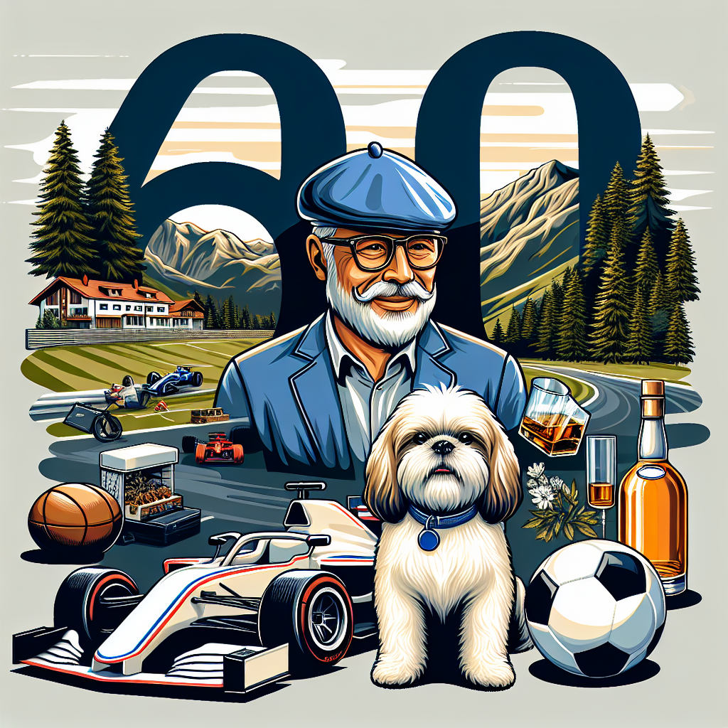 Create a vector image celebrating a man's 60th birthday, capturing his love for adventure and leisure activities. In the center, place a stylized number '60' symbolising this milestone. Below this, position a sleek Formula One racing car to depict his passion for motorsports. Transition the scene to a tranquil mountainous and wooded landscape in the background, symbolizing his bond with nature. In this setting, let a white and beige shih-tzu, wearing a blue beret, sit poised, exuding an affectionate aura. Additionally, incorporate elements that reflect his hobbies such as a soccer ball indicating his athletic leanings and a well-crafted bottle of his favorite whiskey in acknowledgment of his preferred drink.
Generated with these themes: Large 60th Birthday husband, Formula One, Mountains, Woods, White/beige shi-tzhu wearing blue beret, Soccer, and Jameson's Whiskey bottle.
Made with ❤️ by AI.