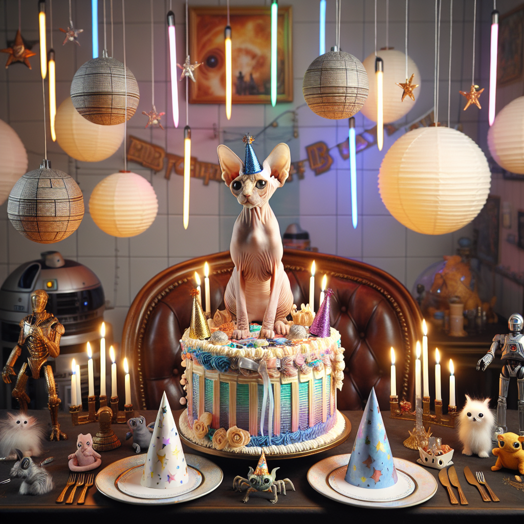 An endearing and whimsical birthday setting full of playful realism. At the heart of the festivities is a regally posed hairless sphynx cat, perched on top of a colorfully frosted birthday cake, its large ears festooned with miniature shiny party hats. The room's decor leans towards a popular sci-fi theme, with intricate paper lanterns cleverly designed to resemble iconic space stations, cute alien creature plush toys scattered around the tables, and strands of sword-like radiant lights creating a warm, inviting ambiance. Each table has a realistic robot-themed napkin holder, and next to the cake is a small, elegant banner that states 'May the Birthday Be With You.'
Generated with these themes: Sphynx, and Star wars.
Made with ❤️ by AI.
