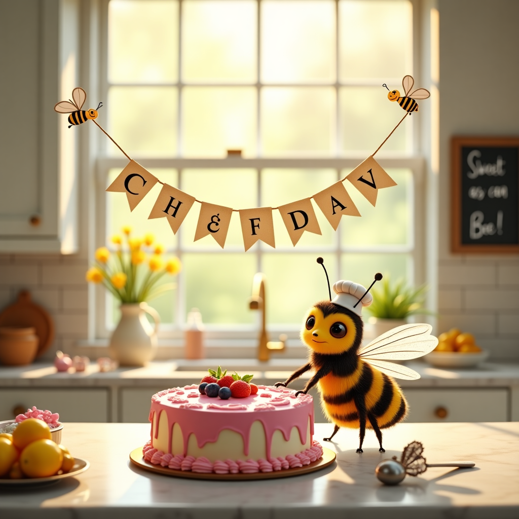 Picture a lively kitchen scene on the front of the birthday greeting card, captured in a realistic photographic style with meticulous lifelike details. 

In the center of the scene, a small, vividly detailed bee named IV is bustling about on the kitchen counter. IV is characterized by her golden-yellow and black-striped body with translucent wings that catch the light, creating a subtle iridescence. She wears a miniature chef’s hat and a tiny apron that reads “Chef IV” in delicate script.

In front of IV, a large, round cake sits on a marble countertop, half-iced with luscious pink frosting that swirls with hints of white. The cake is dotted with fresh strawberries and blueberries, their colors vibrant against the creamy backdrop. Next to the cake, a bowl filled with bright yellow lemons and a sifter dusted with flour hint at the baking process.

The backdrop is a kitchen with vintage charm, featuring white wooden cabinets, brass handles, and a large window that allows golden sunlight to spill across the scene, creating warm highlights and gentle shadows. 

Above the scene, suspended between two cabinets, hangs a festive banner strung with tiny bee-shaped flags, each with delicately detailed wings. In the center of the banner, the name “Abi” is playfully written in bold, cheerful letters, each character adorned with tiny flowers in shades of pink and yellow, complementing the cake’s decoration.

On the wall, a small chalkboard can be seen, its surface displaying a sketched outline of a bee with a whisk in its tiny hand. Below the bee, in elegant chalk script, are the words “Sweet as can Bee!” adding an extra touch to the birthday scene.

This picturesque moment captures the joyful and industrious spirit of IV as she prepares a special treat in celebration of Abi’s birthday.
Generated with these themes: a small bee called IV baking cake for her.
Made with ❤️ by AI.