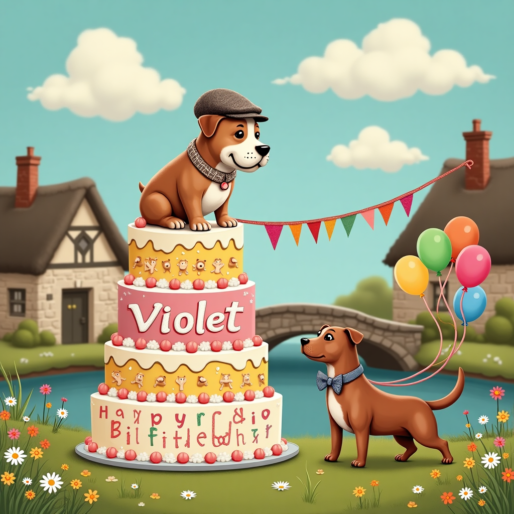 In the whimsical scene of a quintessentially quirky British village green, a cheeky British Bulldog and a dapper Sausage Dog take center stage. The backdrop is a quaint village with thatched cottages and a stone bridge over a babbling brook. The Bulldog, wearing a classic tweed flat cap, sits majestically atop a giant birthday cake tower. His expression is one of dignified joy as he surveys his domain. The cake, a delightful confection in layers of pastel colors, has the name "Violet" intricately spelled out in icing, artfully looping around each tier with playful flourishes. The mischievous Sausage Dog, in a dashing bow tie, is gleefully darting around the cake, trailing an exuberant banner in his wake that reads "Happy Birthday" in brightly colored bunting flags. The scene is further adorned with a scattering of wildflowers, daisies and buttercups popping up through the lush green grass, and a cluster of colorful balloons tethered to the stone bench nearby. Above, the sky is a cheerful shade of blue, with fluffy white clouds shaped like playful pups drifting lazily by, and one particularly puffy cloud clearly forms the shape of the letter "V," paying homage to Violet's special day. The whole tableau is reminiscent of a classic storybook illustration, full of charming detail and quirky character, capturing the essence of celebration and joy.
Generated with these themes: British bulldog, and Sausage dog.
Made with ❤️ by AI.