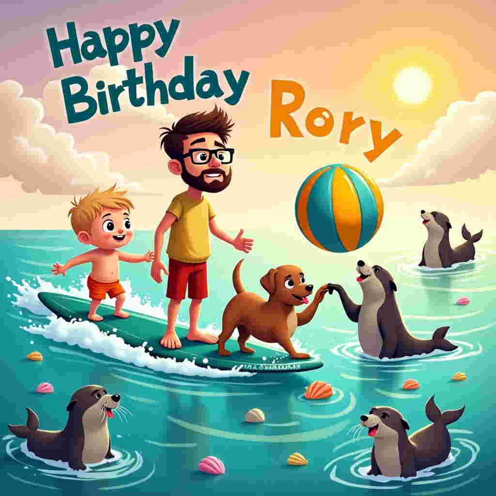 **Front Cover Design for "Happy Birthday Rory" Card**

**Scene Description:**

1. **Foreground:**
   - A slender man with a round face stands confidently on a vibrant teal surfboard. He sports a well-groomed beard and stylish rectangular glasses.
   - To his left, a giggling blonde toddler in bright orange swim trunks is seated securely on the surfboard, splashing the water playfully.
   - On his right, a brown cockapoo, fur tousled and damp, stands with its tongue out and tail wagging. The dog looks playfully excited, balancing effortlessly on the board.

2. **Middle Ground:**
   - A pod of seals, their sleek, gray bodies glistening, poke their heads curiously from the turquoise ocean, positioned around the surfboard.
   - Nearby, a pair of playful otters, with rich brown fur, are floating on their backs, holding hands, seemingly admiring the scene.

3. **Background:**
   - The horizon is a soft blend of warm pinks and purples, indicating either early morning or late afternoon.
   - Fluffy, white cumulus clouds dot the sky, with a vibrant, golden sun peeking over them, casting a warm glow over the entire scene.

4. **Text Element:**
   - A colorful beach ball floats in the air, arching towards the man. The words "Happy Birthday Rory" are written in bold, cheerful letters across the ball's striped pattern. The text uses a playful font in alternating colors of sunshine yellow and ocean blue.

5. **Additional Details:**
   - Scattered throughout the water are a few seashells and pieces of vibrant coral visible beneath the clear surface, adding depth and texture to the scene.
   - Light reflections dance off the water, creating a sparkling effect that enhances the vividness of the scene.

This detailed composition captures a lively and joyous birthday adventure on the waves, with each element painted with lifelike precision for Rory's special day.
Generated with these themes: Thin man with round face, beard and glasses on a surf board with a blonde toddler and brown cockapoo, Seals, Otters, Sunshine, , and .
Made with ❤️ by AI.