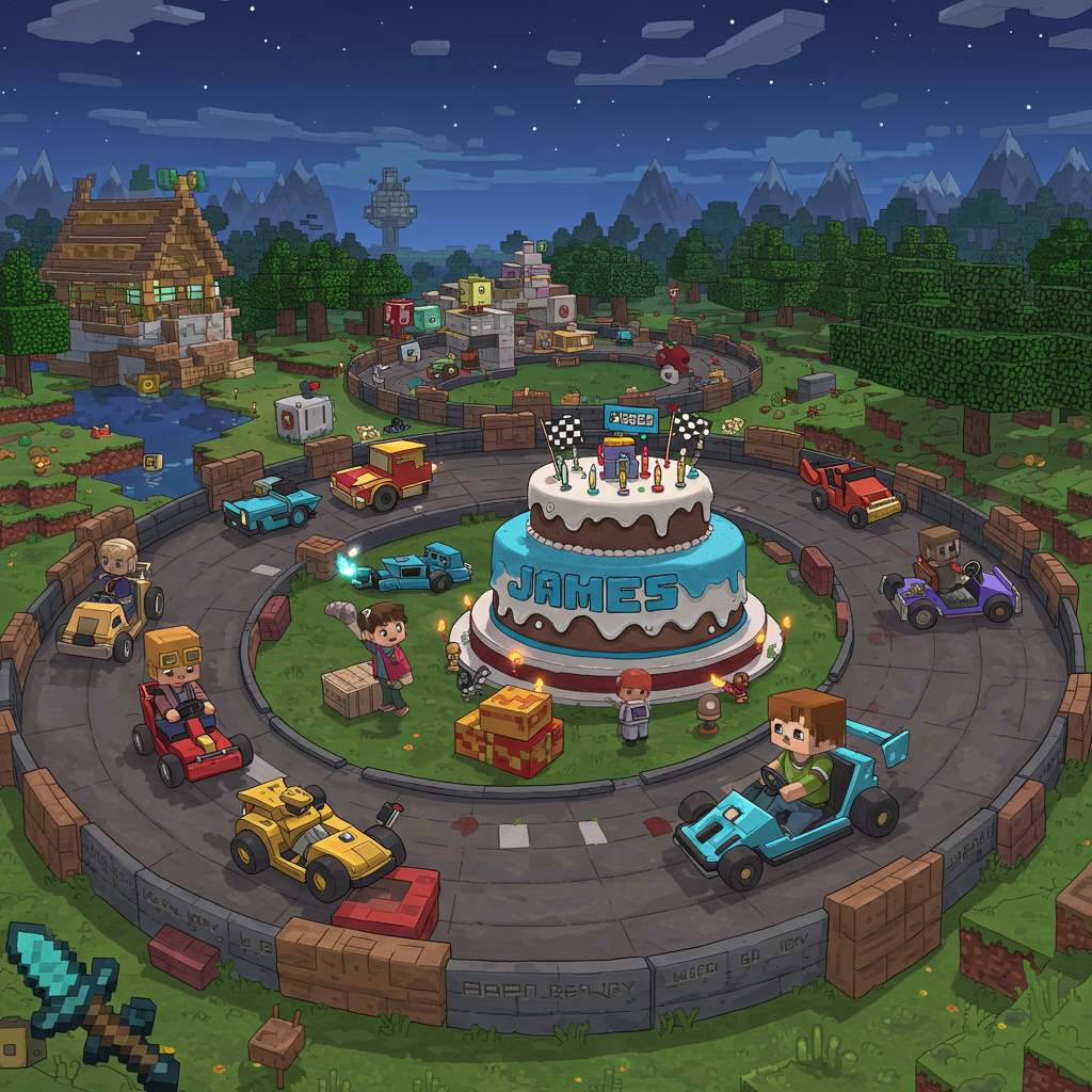 **Front Cover Illustration Description:**

The scene is a dynamic and detailed blend of video game excitement and birthday celebration. Picture a bustling and vivid landscape resembling a digital world, infused with elements that nod to the classic yet immersive style of Minecraft.

**Background:**  
A sprawling blocky terrain unfolds, reminiscent of a Minecraft world, complete with pixelated trees and towering, rectangular mountains in the distance. The sky is a twilight gradient of rich blues and purples, scattered with voxel stars twinkling like cubes.

**Foreground:**  
A fantastical racetrack winds through the scene, constructed with an array of blocks and checkered patterns. The racetrack is alive with action, featuring a variety of racing vehicles styled like Minecraft minecarts but enhanced with sleek, imaginative designs. Some carts have boosters, pixelated flames flickering in bright orange and yellow hues at their backs.

**Centerpiece:**  
In the center, a large, multi-tiered birthday cake stands. It's whimsically designed, with blocky layers and topped with racing flags made from tiny block patterns. The cake's frosting is a vibrant mix of electric blue and bright green, with "James" written prominently across the middle tier in bold, blocky letters that seem to glow.

**Characters:**  
Around the cake, a group of children, roughly nine years old, are engaged in playful racing. They're dressed in outfits that echo a mix of medieval knights and futuristic racers, a nod to the hybrid of old and new gaming styles. Each child is uniquely detailed, with a range of hairstyles and attire in hues of red, blue, green, and yellow.

**Details and Objects:**  
Scattered throughout the scene are iconic gaming elements—a sword and shield on the ground, a hovering pixelated life heart, and floating "power-up" blocks. Each is carefully detailed, adding layers of interest and complexity.

**Color Palette:**  
The card uses a rich, vibrant palette. Greens and blues dominate the natural and cake elements, while reds, yellows, and oranges highlight the action and energy of the racing elements. Shadowing is done in deep purples and blacks, adding depth to the scene.

This composition is an energetic mix of realism and fantasy, channeling the intricate, storybook-like quality of Norman Rockwell and the vivid detail of Maurice Sendak, inviting the viewer into a captivating, youthful world of birthday celebration and gaming adventure.
Generated with these themes: Video games, Cool, 9 year old, Racing, Minecraft, and Not cartoon.
Made with ❤️ by AI.
