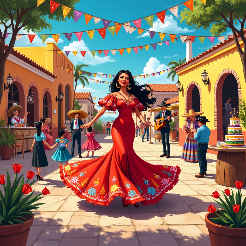 In a vibrant town square surrounded by charming Spanish-style buildings with terracotta roofs and colorful mosaic tiles, a lively birthday celebration is underway. At the center of the scene, beneath a canopy of festive papel picado banners, stands Sonja—a radiant Hispanic woman with cascading dark hair and striking red lipstick. She is mid-twirl, her bright, flowy dress adorned with intricate floral embroidery swirling around her, capturing the essence of a traditional flamenco dancer. Her earrings, large golden hoops, catch the sunlight as she dances with joyful abandon.

Around Sonja, a lively crowd joins in the celebration. Children, dressed in traditional attire, chase after balloons in the shape of maracas, and an elderly couple seated on a wooden bench claps along to the rhythm. A mariachi band, complete with colorful serapes and wide-brimmed sombreros, plays spirited tunes on guitars, violins, and trumpets near a fountain that features a statue of a prancing horse. 

Tables are laden with an array of festive foods: tamales wrapped in corn husks, vibrant bowls of guacamole, and a towering birthday cake decorated with red roses and sparklers spelling out "Happy Birthday Sonja." 

In the background, a quaint market stall sells brightly colored pottery and handwoven textiles. The sky above is a perfect azure, with a few wisps of white clouds, and the cobblestone streets glisten as if freshly washed.

Each element combines to tell the story of Sonja's birthday celebration, a day full of life, dance, and cultural richness, making it an unforgettable scene to grace the front cover of a birthday greetings card.
Generated with these themes: Hispanic Female, Dark hair, Red lipstick, dancing . Happy Birthday Sonja .
Made with ❤️ by AI.