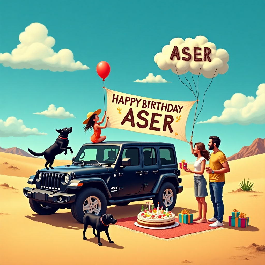 The scene unfolds in a vibrant desert landscape, where the golden sands stretch endlessly under a vast azure sky. Dominating the foreground is a sleek black Jeep Wrangler, its glossy surface reflecting the brilliant sunlight. The jeep is parked on a small sand dune, with one wheel propped up, as if it's just conquered a mini mountain. Beside it, a lively black Labrador is caught mid-leap, its ears flapping joyously, playfully chasing after a swirling dust devil. 

Perched on the hood of the Jeep are two daughters, aged 11 and 15, each dressed in colorful desert-appropriate attire. The younger daughter is wearing a wide-brimmed sun hat, holding up a homemade birthday banner that reads, "Happy Birthday Aser!" The letters are scribbled in a playful, childlike font, with little illustrations of balloons and stars dotting the spaces between. The older daughter, with a mischievous grin, is blowing up a bright red balloon, preparing to add it to the desert's decoration.

Nearby, standing with a sense of pride and playfulness, the husband and wife are engaged in setting up a picnic. The wife is holding a multi-layered birthday cake, extravagantly decorated with miniature cacti and edible sand, with the name "Aser" elegantly written in chocolate icing across the top. The husband is seen juggling an assortment of brightly wrapped presents, with one precariously balanced on the end of his finger.

Above them, the sky is a deep cerulean, and fluffy clouds lazily drift by, casting soft shadows over the scene. Miraculously, one of the clouds has naturally formed the letters of "Aser," as if the heavens themselves are wishing him a happy birthday. In the distance, the desert landscape is dotted with sparse vegetation and distant rocky formations, adding a sense of depth and vastness to the scene.

This quirky, family-filled adventure in the desert captures the essence of celebration, togetherness, and a love for life, all centered around the special day of a person named Aser.
Generated with these themes: Black jeep wrangler in the desert with a  black dog , 2 daughters 11 and 15 years old and wife with husband.
Made with ❤️ by AI.