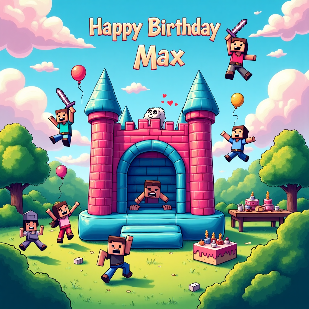 Inflatable Minecraft bouncy castle in neon blue and pink Birthday Card
