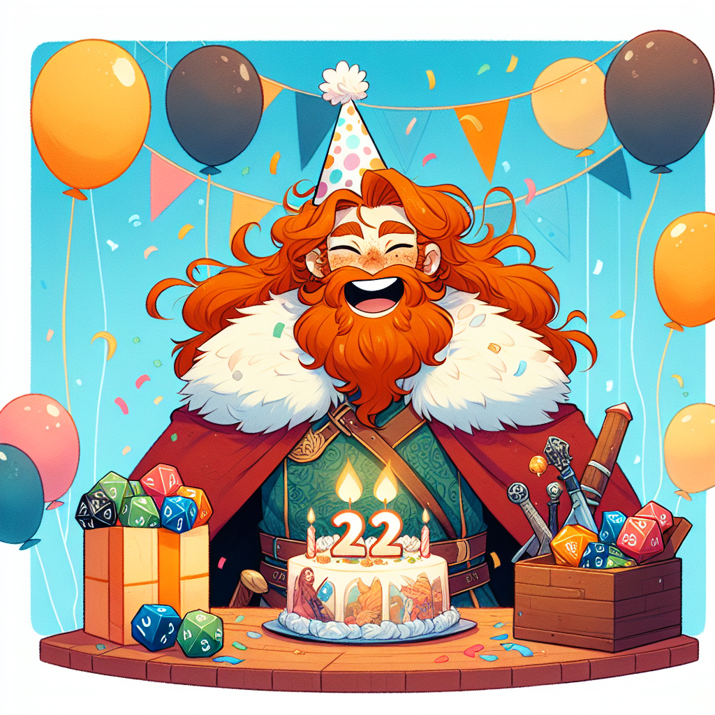 A charming illustration of a birthday celebration featuring a non-specific character with long, ginger hair and a long, ginger beard. He gleefully celebrates his 22nd birthday, surrounded by balloons and streamers filling the colourful background. A small wooden table nearby holds a fantasy-themed cake inspired by popular tabletop role-playing games, decorated with the number '22'. The character, robed in a festive, medieval attire, is seen holding a set of dice in one hand, a testament to his affinity for games. On his head, a birthday hat is jauntily placed, adding to the celebratory atmosphere of the image.
Generated with these themes: Criticle role , Ginger long hair , Ginger beard, and 22.
Made with ❤️ by AI.