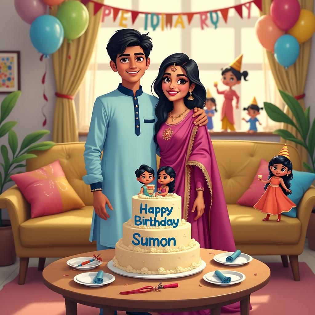 The second variation depicts an indoor scene in a spacious living room that is decorated for a birthday party. In the center of the room is a Bangladeshi boy depicted in a cheerful, animated style, wearing a light blue panjabi with navy blue trim. He has a big, friendly smile and his arm around his girlfriend, who is wearing a fuchsia salwar kameez adorned with elaborate embroidery. They stand in front of a circular table which holds a three-tiered vanilla cake, artistically decorated with the inscription 'Happy Birthday Sumon' in blue fondant letters, and topped with cartoonish figurines resembling the couple. Around the cake, there are bow-tied napkins, colorful paper plates, and cups. A banner with the words 'Happy Birthday' hangs on the wall behind them, alongside bunches of balloons in shades of green, blue, and yellow. Guest cartoon characters are seen mingling, holding party horns and wearing festive hats.
Generated with these themes: A Bangladeshi boy with gf and cake having a party ,Happy birthday  Sumon.
Made with ❤️ by AI.
