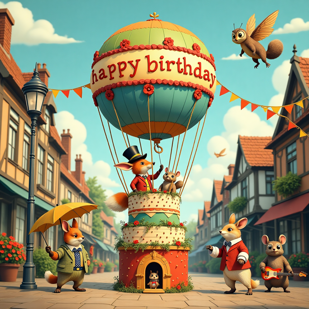 On the front of the birthday card, imagine a whimsical, humorous scene set in a quaint, village street, filled with an eclectic mix of anthropomorphic animals engaged in a lively birthday celebration. At the center, a towering, multi-layered cake shaped like a vibrant hot air balloon floats slightly off the ground, tethered by colorful ribbons held by a mischievous rabbit dressed in a polka-dotted waistcoat and top hat, reminiscent of a character from a Beatrix Potter tale. The cake's layers are adorned with intricate icing patterns, inspired by Aubrey Beardsley's ornate designs, while a tiny door on the cake's lowest tier opens to reveal a miniature band of mice playing jazzy tunes on tiny instruments, in the style of Quentin Blake’s energetic drawings.

Surrounding the cake are villagers of various species, each engaged in their own quirky antics. A dapper fox, reminiscent of a Norman Rockwell character, leans casually against a lamppost, twirling his umbrella and winking at a pair of giggling squirrels clad in Edwardian-era finery, a nod to the elegant illustrations of Arthur Rackham. Nearby, a wise old owl, with glasses perched at the tip of his beak, is peeking out from behind a large gift box covered in Gustave Doré's elaborate decorative motifs.

Above the scene, a banner, woven between two lampposts, reads "Happy Birthday" in letters crafted from leaves and flowers, swaying gently in the breeze. The entire scene is set under a sky of Maxfield Parrish-esque azure and golden clouds, where a whimsical touch is added by a cheerful tortoise flying with a comically oversized pair of butterfly wings, embodying Maurice Sendak's playful imagination. This is a scene bustling with charm and filled with details that capture the essence of a fantastical, jovial birthday celebration.
Generated with these themes: transparent.
Made with ❤️ by AI.