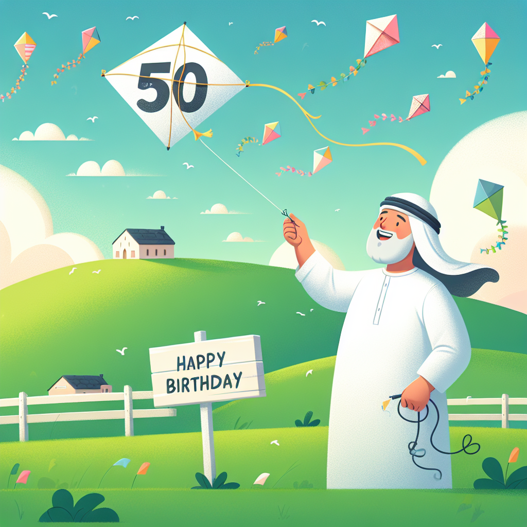 The illustration features a whimsical scene where a gentleman is flying a kite in the shape of the number 50. The sky is dotted with clouds and other vibrant kites, and below, a sign swings in the breeze, saying 'Happy Birthday' against a backdrop of rolling green hills.
Generated with these themes: 50th   for him.
Made with ❤️ by AI.