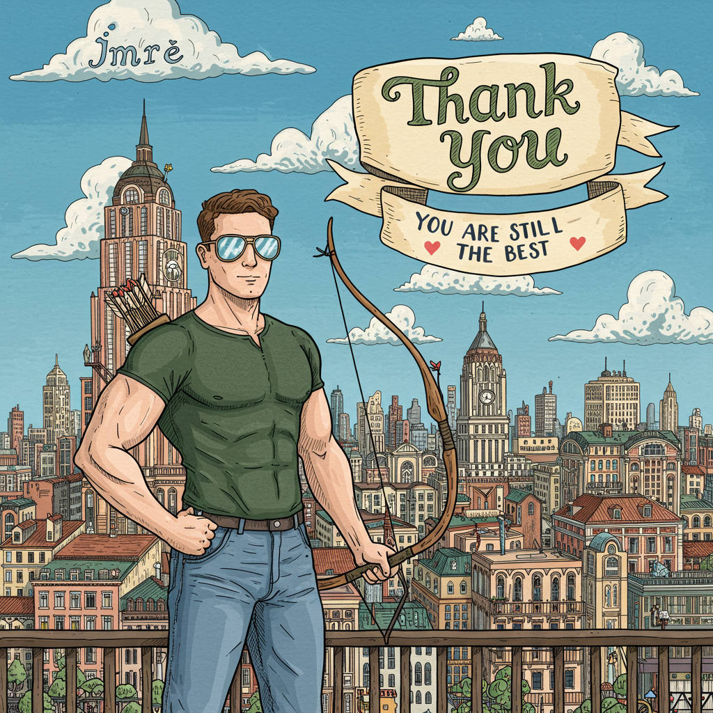 **Front Cover Description for Thank You Card:**

In the foreground, a charming, hand-drawn illustration captures a muscular man standing confidently amidst a bustling high-rise cityscape. He's sporting cool sunglasses that reflect the skyline, a pair of well-fitted jeans, and a dark green shirt that accentuates his muscular build. His stance is dynamic, with a bow in one hand and an arrow poised in the other, ready to take aim. 

To the man's right, a quirky banner unfurls in the sky, whimsically reading "Thank You" in bold, expressive letters, with the phrase "You are still THE BEST" playfully dancing underneath in a slightly smaller font. This text echoes the dynamic, playful style reminiscent of Quentin Blake's spirited lines.

In the background, the city rises in layers of detailed, Edward Gorey-like line work, each building uniquely detailed with its own character, a nod to the busy, almost labyrinthine quality found in Aubrey Beardsley's intricate designs. The cityscape is teeming with small details: tiny windows, bustling balconies, and peculiar rooftops, each contributing to the bustling, lively feel of the urban scene.

Above the skyline, the sky is a vivid Maxfield Parrish-inspired blue, with soft, fluffy clouds that seem almost tangible, creating a stunning contrast against the sharp lines of the buildings. Amidst the clouds, the word "Imre" is cleverly integrated into a whimsical cloud shape, almost as if it’s a playful puff of sky lettering, giving it a secret, hidden quality that invites the viewer to discover it.

The colors throughout are rich and saturated: the deep green of the man’s shirt, the vibrant blue of the sky, and the soft, earthy tones of the city buildings. Every element is drawn with a sense of life and movement, making the card feel both timeless and joyfully modern, a perfect blend of classic and quirky artistry.
Generated with these themes: Make me a thank you card: It is a general thanks and I would like it to have a man with an arrow and a bow, standing in the middle of a high house city, smiling with sundglasses, with a jeans and dark green shirt, some musles, saying "thank you" and " you are still THE BEST".
Made with ❤️ by AI.