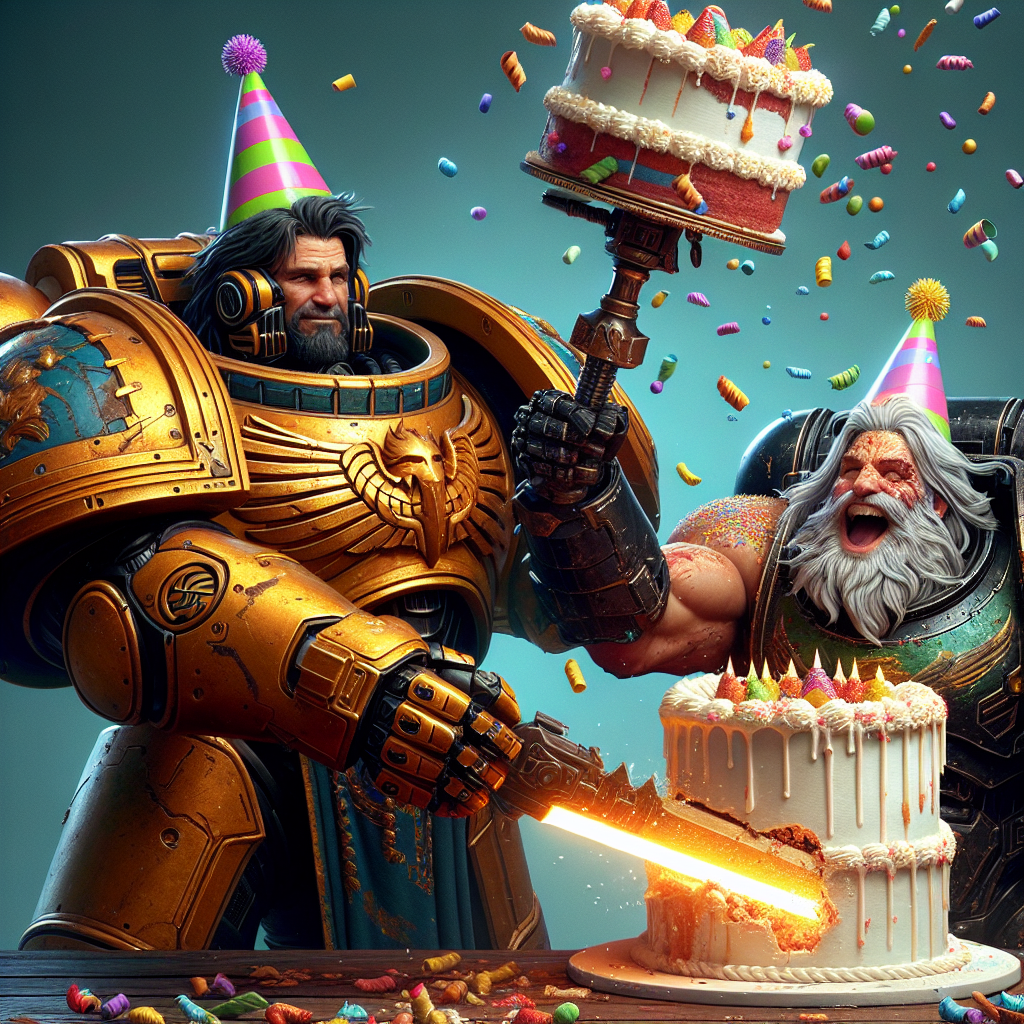 The image shows a playful birthday fiesta set in a futuristic fantasy universe reminiscent of traditional sci-fi lore. As the centerpiece of the celebration, a grand armored leader wears a festive party hat over his glittering golden armor, his warm, amused smile adding a quirky touch to his commanding presence. Beside him, a warrior, identifiable by his imposing figure and heavily armored form, sports a colorful party hat as he struggles to slice a sky-high birthday cake with his energy-infused sword. This creates a humorous situation as dollops of sugary frosting scatter onto his powerful armor, dramatizing the collision of solemn warfare spirit and cheery birthday vibes.
Generated with these themes: warhammer 40k emporer and space marine.
Made with ❤️ by AI.
