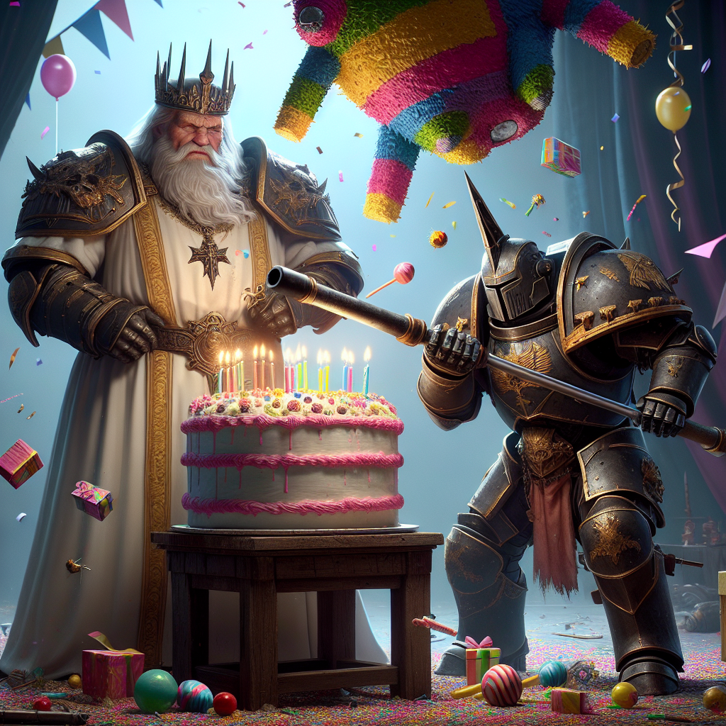 Create a humorous birthday-themed scene set in a fantasy universe known for its grim ambiance. Depict a majestic figure, traditionally stern, blowing out candles on a huge, intricately decorated cake, his face beaming with an unusual smile. Beside him stands a loyal armored knight, comically attempting to burst an overflowing piñata with his heavy-duty firearm, with candy and confetti bouncing off his strong suit of armor.
Generated with these themes: warhammer 40k emporer and space marine.
Made with ❤️ by AI.