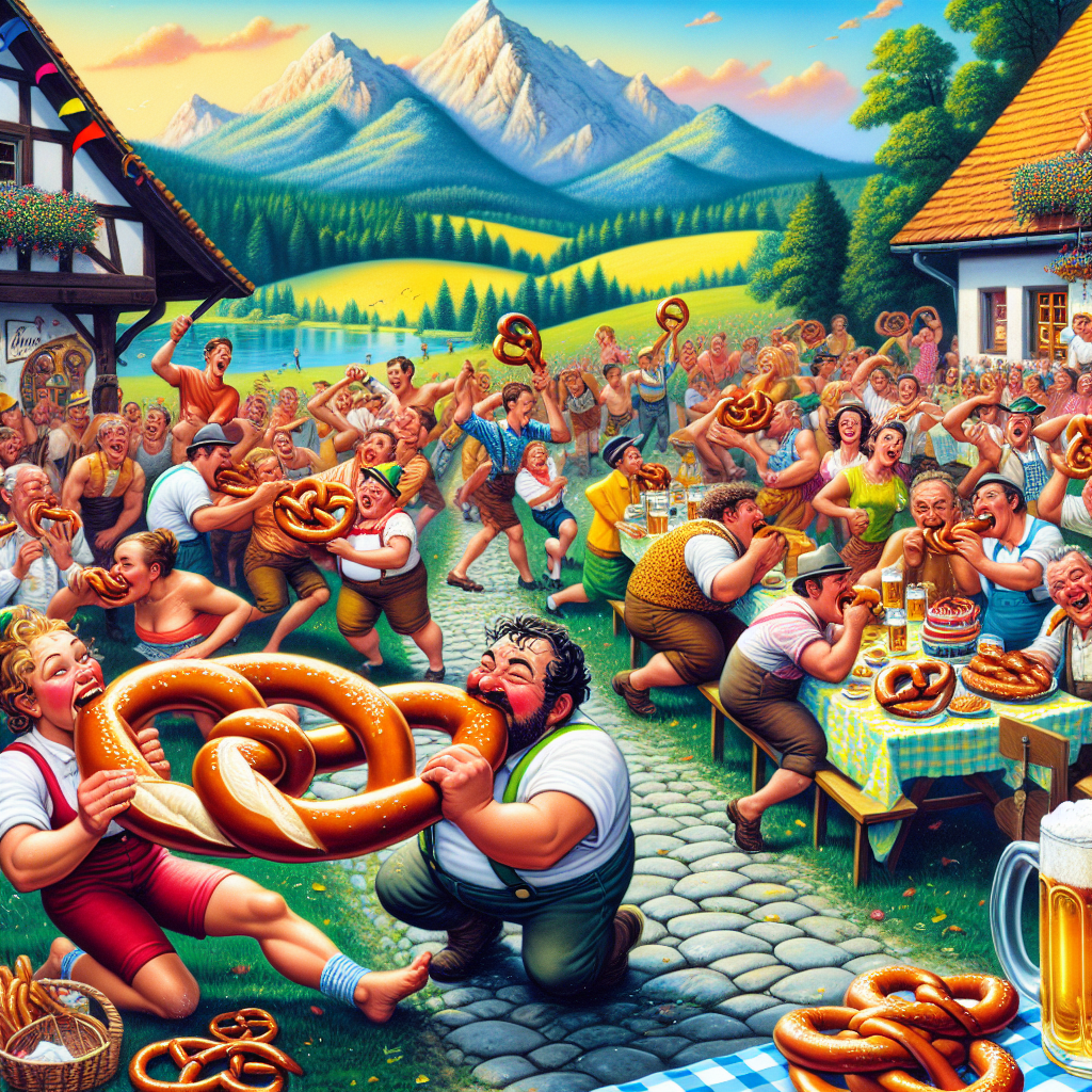 Illustrate a vibrant scene set in the idyllic German countryside, featuring a lively crowd engaged in an eating contest during a birthday party, humorously exaggerated. Include characters of different genders and descents, some struggling to munch on gigantic pretzels and sausages while taking sips of beer, others engaged in joyful discussion. In the foreground, portray a welcoming path inviting more party attendees of various genders and descents to join the festivity, symbolizing the exercise of walking. The air should be filled with echoes of laughter and the sound of celebratory music.
Generated with these themes: Beer eating competitions, walking, Germany , Exercise  , Eating competition , and Rambling .
Made with ❤️ by AI.