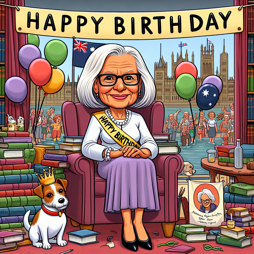 Generate a humorous cartoon image featuring a 45-year-old Caucasian female bookseller with shoulder-length white hair and glasses. She is situated amidst a variety of books, reflecting her profession. She adorns a 'Happy Birthday' sash, and the setting has an Australian touch, possibly with notable landmarks or native flora in the background. The scene unfolds on a stage, infusing a theatrical touch to the celebratory vibe. A charming Jack Russell Terrier is seated next to her, peering into the festivities with interest. Accompanying them are balloons and a banner that advocates for a charity walk, possibly with some attendees in the background to intensify the vibrant atmosphere.
Generated with these themes: 45 year old caucasian woman with white shoulder length hair and glasses, Bookseller, Australia, Theatre, Jack russell in the background, and Charity walk.
Made with ❤️ by AI.