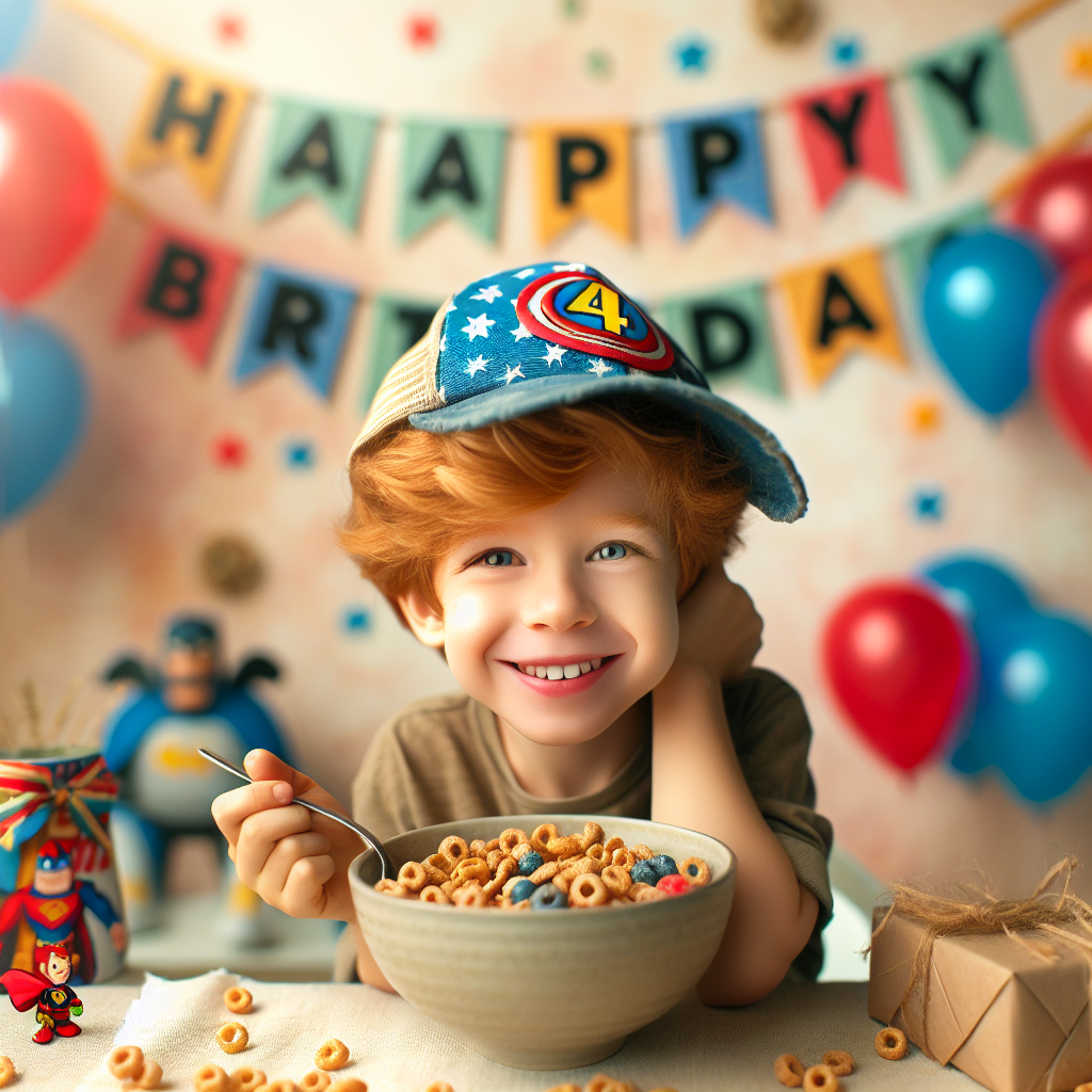 A delightful image of a 4th birthday celebration featuring a gleeful 4-year-old Caucasian boy with ginger hair. He's wearing an everyday cap imbued with themes reminiscent of popular, unnamed superheroes, and casting a playful eye on a bowl of his preferred cereal. The surrounding scene is a softly-toned backdrop filled with birthday adornments. There are vibrant balloons hovering about and a 'Happy 4th Birthday' banner skillfully placed above everything, truly completing the festive atmosphere.
Generated with these themes: Marvel , Age 4, Cereal, and Ginger hair boy .
Made with ❤️ by AI.