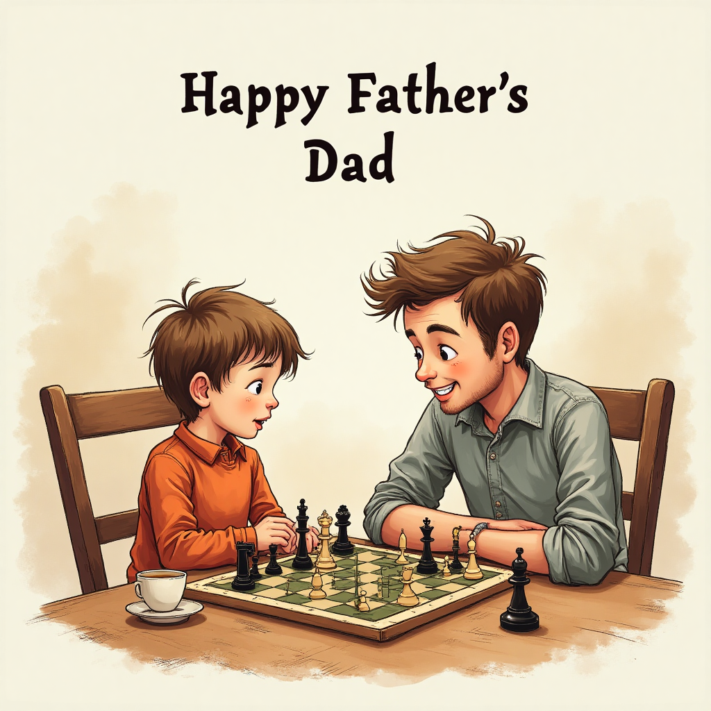 At the top of the Illustration Style image, inscribe the text: "Happy Fathers Day Dad".

**Image Description:**

Create a hand-drawn illustration capturing a heartwarming chess game scene between a father and child. The father, with a gentle smile, is thoughtfully considering his next move, while the child gazes at the board with a look of concentration and admiration. The chessboard is set on a wooden table with a slightly worn surface, suggesting years of joyful play. Surround the scene with subtle hints of a cozy room – perhaps a soft armchair in the background or a warm cup of tea, emphasizing a sense of comfort and familial love.

Use a warm, expressive color palette with earthy tones and gentle hues that evoke a feeling of nostalgia and sincerity. Incorporate fine linework and textured brush strokes to give depth and character to the image. The composition should be balanced, drawing the viewer's eye to the bond between father and child, highlighted through their shared moment of strategic fun.

In the bottom corner, subtly include a small chess piece – perhaps a king or a knight – as a symbol of strength and wisdom, underscoring the theme of the card.
Generated with these themes: Chess, and .
Made with ❤️ by AI.