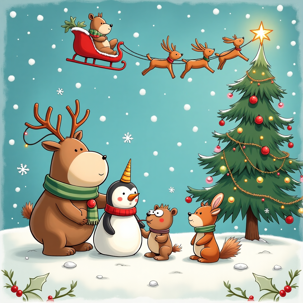 On the front of the Christmas card, picture a charming winter wonderland scene inspired by a blend of Charles Schulz’s endearing simplicity and Gary Larson's quirky humor. The setting is a gentle snow-dappled hill dotted with chubby, squishy squishmallow creatures, their textures as soft and huggable as marshmallows. Front and center is a rotund reindeer squishmallow, its antlers humorously tangled with twinkling fairy lights. To its left, a penguin squishmallow, clad in an oversized red-and-green scarf, stands attempting to catch snowflakes on its tongue. A few snowflakes have comically landed on its beak, bringing a smile to any observer. Nearby, a bear squishmallow, sporting a tiny Santa hat that sits askew atop its head, is joyfully building a tiny snowman with the help of a mischievous squirrel squishmallow who is determinedly placing a button nose on the snowman’s face.

In the background, there’s a towering fir tree adorned with homemade ornaments, crafted from candy canes, popcorn garlands, and bits of shiny tinsel, whimsically scattered as if in a child's dream of decoration. At the base of the tree, a round, plush unicorn squishmallow wearing a comically small elf costume is using its horn to hang a shining star at the tree's pinnacle, while a small rabbit squishmallow holds onto its hind legs for support.

Above this cozy chaos, the sky is a brilliant cerulean dotted with plump, fluffy clouds, and a flurry of snowflakes tumbles down, each flake uniquely designed with intricate patterns reminiscent of vintage Disney animations. Amidst this flurry, a sleigh zooms across the sky, pulled not by traditional reindeer, but by more squishmallow companions, their expressions joyful and merry. The entire scene is framed by a border of holly and berries, adding an extra touch of festive cheer to this imaginative and whimsical tableau.
Generated with these themes: a squishmallow perfect chrtistmas scene with snow and festive fun.
Made with ❤️ by AI.