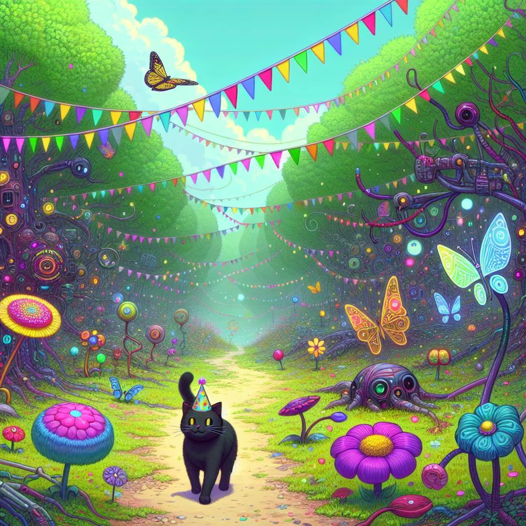 Picture a delightful party environment in the wilderness. A personified black cat, adorned with a petite celebration cap, leisurely strolls along a trail within a vividly animated forest. Numerous peculiar flowers possessing technological features and butterflies designed with tech motifs flit about, creating a symmetry between technology and the untouched world. Up above, the skyline is bedecked with garlands of multicolored fairy lights and merry pennants. Each rustling leaf and fluffy cloud contributes to the jovial ambience of the celebration.
Generated with these themes: Black cat, Tech, Walking, and Nature.
Made with ❤️ by AI.