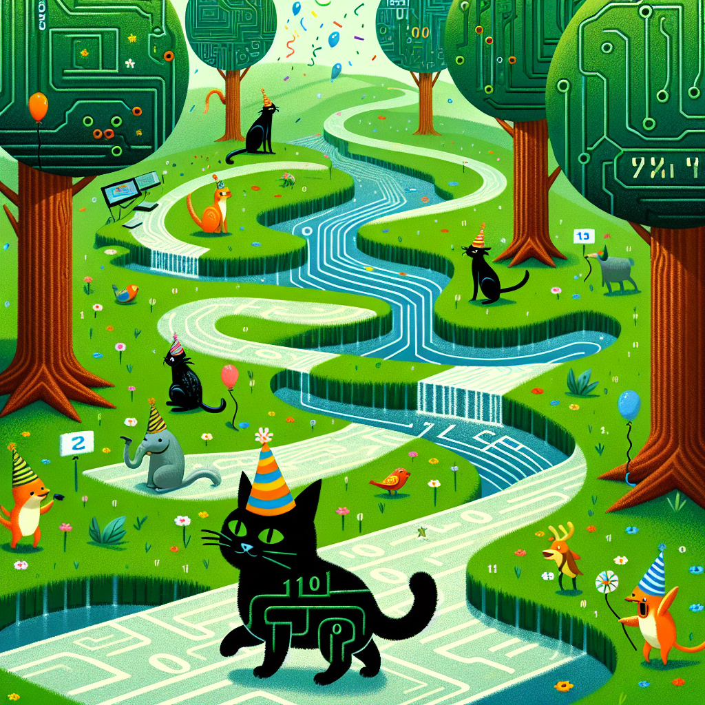 A whimsical birthday scene unfolds with a black cat wearing a festive hat, traversing a unique, tech-inspired nature trail. The scene is verdant with trees shaped like green circuit-boards and grass that has the pattern of binary code. The cat strolls past a stream where digital data flows like water. Cartoonish animals, donning party hats, chirp, and sing, their melodies encoded in binary. The atmosphere is joyous, reflected in the backdrop adorned with floating balloons and whirling confetti.
Generated with these themes: Black cat, Tech, Walking, and Nature.
Made with ❤️ by AI.