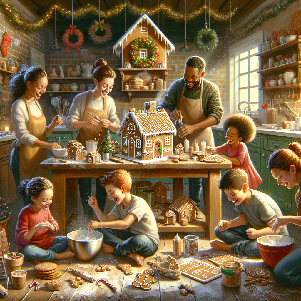 A cozy, realistic Christmas atmosphere surrounds a family building a gingerbread house together. The kitchen is filled with the scent of sweet icing and spiced cookies. There's an air of gentle chaos as kids, with faces painted by flour, work alongside parents to construct the edible creation.
Generated with these themes: Family.
Made with ❤️ by AI.