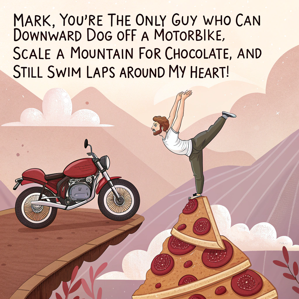 At the top of the image, "Mark, you're the only guy who can downward dog off a motorbike, scale a mountain for chocolate, and still swim laps around my heart!"

- Surreal illustrated scene where Mark is mid-handstand yoga pose on top of a roaring red motorbike that's balanced impossibly on a mountaintop made entirely of stacked pizza slices.  
- Behind him, Fall Out Boy plays live on a floating cloud-stage shaped like a chocolate bar, amps plugged into giant wheels of parmesan.  
- A swirling river of glittering water winds through the scene, with tiny cartoon Marks backstroking past happy, diving squirrels in swimming goggles.  
- Boulders float above the scene, like balloons, with mini cyclists riding loop-de-loops around them in impossible physics-defying spirals.  
- Pine trees grow upside down and drip cocoa sauce like fall foliage, each leaf in mid-spin like vinyl records.  
- The sun in the background wears sunglasses and licks a popsicle that looks suspiciously like Mark.
Generated with these themes: Mountains, Cycling, Yoga, Pizza, Motorbikes, Swimming, Bouldering , Chocolate, Fall Out Boy, and .
Made with ❤️ by AI.