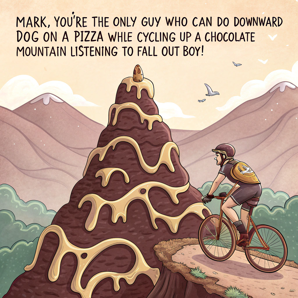 At the top of the image, "Mark, you're the only guy who can do downward dog on a pizza while cycling up a chocolate mountain listening to Fall Out Boy!"

- Create a surreal illustration featuring:
  - A towering mountain made entirely of swirled chocolate, with gooey rivers of caramel and nougat flowing down its sides.
  - Mark, wearing a yoga onesie and cycling helmet, is balancing upside down in a perfect downward dog pose—on top of a giant, cheesy pepperoni pizza that is also his bicycle seat.
  - The bicycle has handlebars made of motorbike parts, and flames shoot comically out the sides as he rides up the chocolate peak.
  - In the sky, slices of pizza float like leaves on a breeze, while miniature rock climbers (one doing a celebratory yoga pose mid-climb) scale boulders shaped like giant Fall Out Boy band members.
  - A turquoise lake shaped like a guitar lies in the background, with a figure that resembles Mark doing an elegant dive into it, leaving ripples in the shape of musical notes.
  - Leaves in shades of rich red, burnt orange, and deep auburn fall around the scene like edible confetti.  
  - In the corners of the image, little chocolate truffles do synchronized yoga in pairs while humming tiny lyrics from “Sugar, We’re Goin Down.”
Generated with these themes: Mountains, Cycling, Yoga, Pizza, Motorbikes, Swimming, Bouldering , Chocolate, Fall Out Boy, and .
Made with ❤️ by AI.