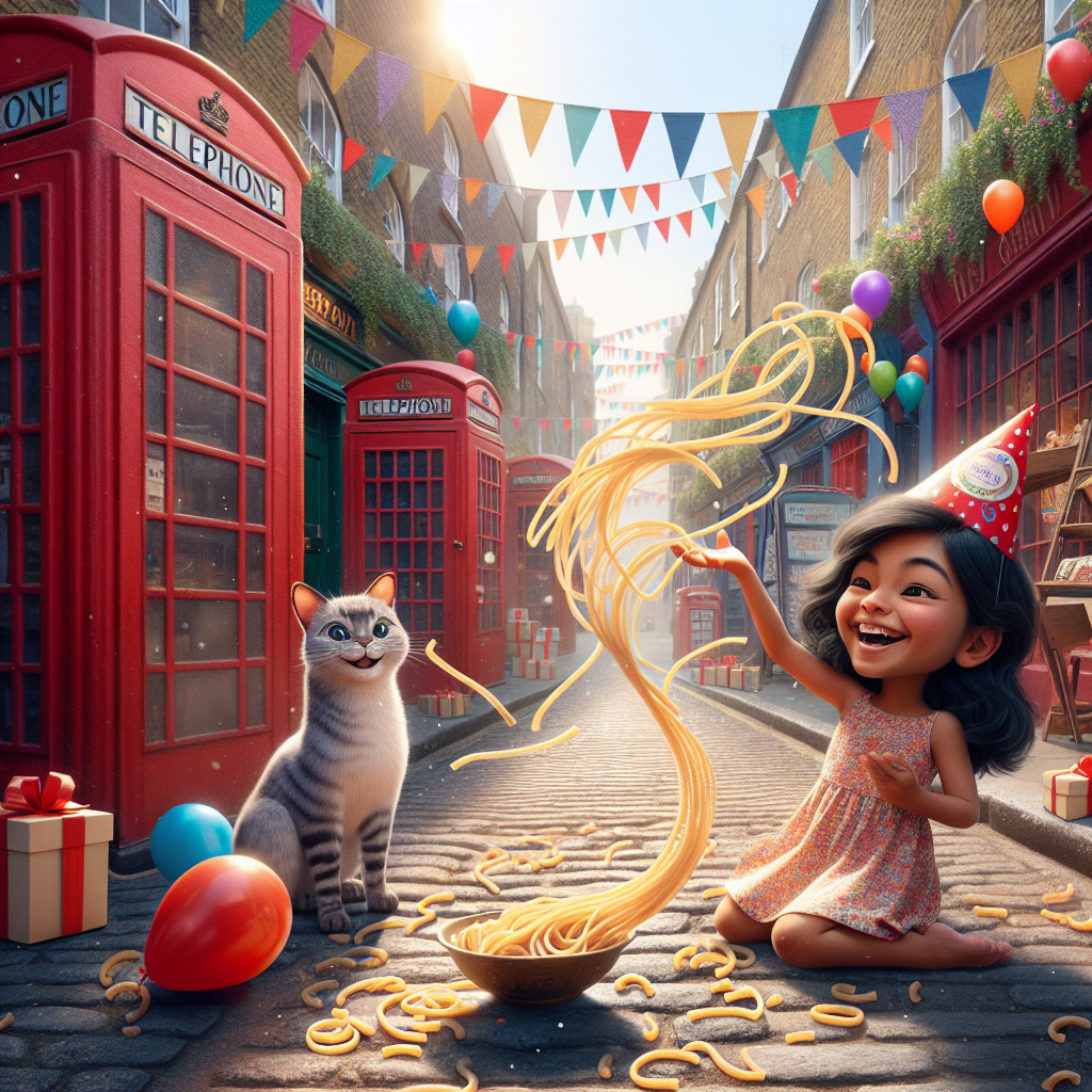 Create an image of a heartwarming birthday scene taking place in a quaint London street, noticeable by the historic red telephone booths. Centrally positioned, there's a young South Asian girl, smiling brightly, joyfully tossing pasta into the air, which creates a whimsical trail of noodles. Upon the cobblestone pathway, a charming grey Bengal cat is sitting nearby wearing a party hat. The festive atmosphere is further enriched by colorful balloons and gift boxes scattered around the street.
Generated with these themes: Indian girl, Grey bengal, London, and Pasta.
Made with ❤️ by AI.