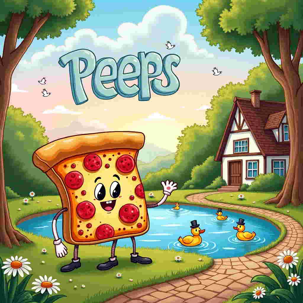 In the foreground of the sympathy card, imagine a hand-drawn, cartoon-style square pizza slice. The pizza slice is detailed with toppings: pepperoni, mushrooms, and bell peppers, all with visible, comical features like googly eyes and wide, friendly grins. The crust of the pizza is thick, fluffy, and golden brown, with a slight sheen to it. Its arms are comically long and floppy, with gloved cartoon hands, one of which is raised in a gentle wave.

The setting is a charmingly quirky, hand-drawn park scene. The pizza slice stands on a lush, textured lawn dotted with delicately sketched daisies and clovers. In the background, a small pond reflects the vibrant hues of a vivid, late afternoon sky. A flock of whimsical, stylized ducks with tiny, top-hatted heads paddle across the water.

A narrow, cobblestone path weaves its way through the scene, leading to a distant, cozy, half-timbered cottage, reminiscent of Beatrix Potter's quaint, English countryside cottages. Beside the cottage, a towering, grand oak tree stretches its branches, sketched with detailed, swirling lines, in the style of Arthur Rackham.

Suspended high in the sky, a whimsical, fluffy cloud formation takes the shape of the word "Peeps," rendered in soft, watercolor-like strokes of pastel blue and pink, suggesting a gentle breeze. The letters are adorned with small, fluttering birds, each sketched with a nod to Edward Gorey's playful yet slightly dark style.

The scene is a rich tapestry of lively, intricate details, combining Norman Rockwell's narrative warmth and Quentin Blake's playful, expressive lines, wrapped in a harmonious, vintage palette reminiscent of Maxfield Parrish's soft, glowing colors.
Generated with these themes: Square pizza waving.
Made with ❤️ by AI.