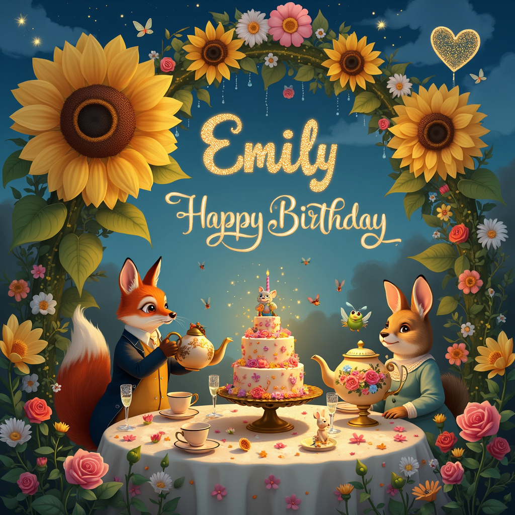 The scene is set in a whimsical, enchanted garden brimming with larger-than-life flowers and sparkling magic. Picture a vibrant, bustling birthday celebration where a giant sunflower acts as the centerpiece table. Around this sunflower table, flowers of various types and colors, including roses, tulips, and daisies, are arranged to create an archway adorned with glimmering fairy lights and dangling crystal droplets that catch and reflect the light in a kaleidoscope of colors.

Seated at the sunflower table are quirky anthropomorphic animals, each dressed in Victorian-era clothing with a whimsical twist—think rabbits in waistcoats and hedgehogs in ruffled dresses. A particularly dapper fox with a monocle is pouring tea from an ornate teapot, which has “Happy Birthday, Emily” intricately written in flowing, sparkling script on its side.

In the sky above this fantastical garden, soft, fluffy clouds spell out “Emily” in a cursive, twinkling font, as if written by stars. The name glows gently, casting a magical light over the scene. Below the sky-writing, a group of cheerful pixies with translucent wings are engaged in a playful dance, trailing glittering sparkles that fall like confetti onto the party below.

A three-tiered birthday cake, decorated with edible flowers and golden sparkles, sits proudly on a pedestal made from intertwining vines and leaves. The top tier of the cake features a small, animated figurine that looks just like Emily, waving joyfully. Surrounding the cake, fireflies flicker, their light adding to the overall glow and enchantment of the scene.

In one corner of the illustration, a bouquet of oversized flowers is arranged into the shape of a heart, with “Emily” spelled out in the petals in a delicate and beautiful script. This bouquet is being presented to Emily by a charmingly awkward frog in a tiny tuxedo, who is clearly very pleased with his gift.

Every detail, from the sparkle of the fairy lights to the expressive faces of the animals, tells the story of a magical, joyous celebration dedicated to Emily on her special day.
Generated with these themes: Sparkle, and Flowers.
Made with ❤️ by AI.
