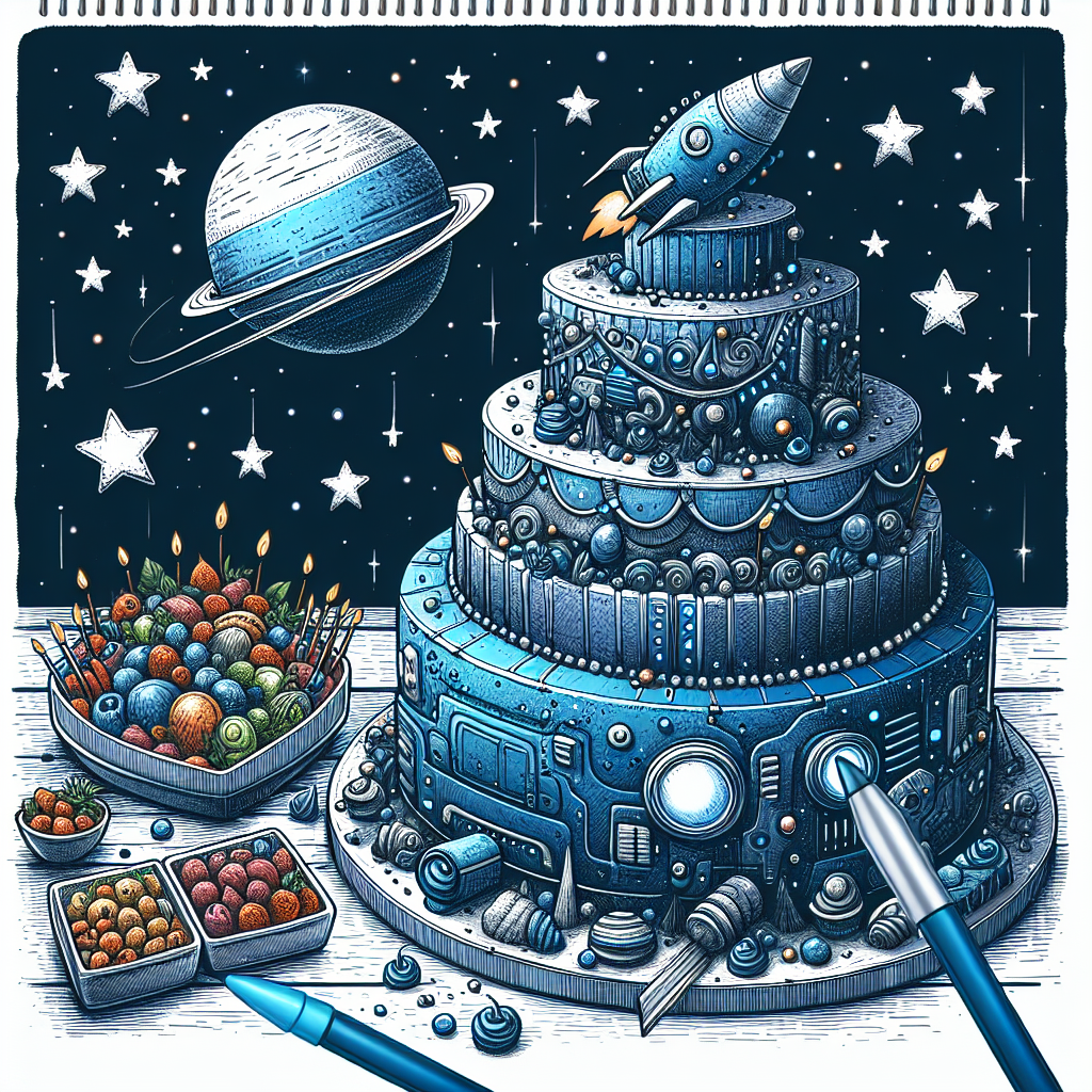 Illustration of a giant Lego birthday cake shaped like a spaceship, painted in different shades of blue, with a table full of free food next to it under the sparkling stars.
Generated with these interests: Legos and Spaceships, Colour blue, and Free food.
Made with ❤️ by AI.