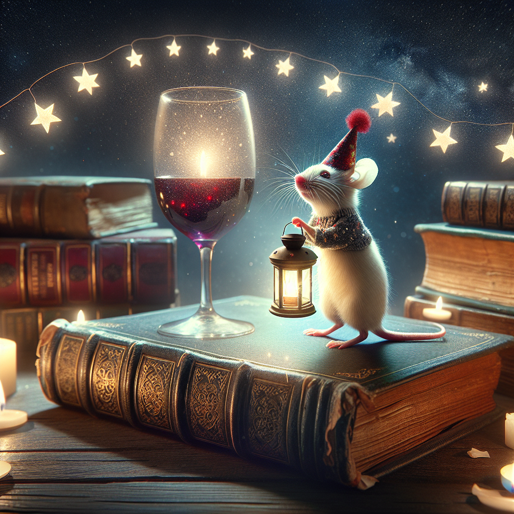 Create an image reflecting a whimsical birthday environment where a mouse dressed in celebratory clothing stands proudly on an aged, leather-bound book. The mouse is holding a lantern in its diminutive paw which radiates a soft light on the surroundings. This light exposes a glass of rich red wine, which mirrors the starry sky overhead. These stars move around playfully, amplifying the dreamlike mood of the setting. Scattered around this central book, additional volumes are piled in a disordered manner, implying a festive moment in a fantastical library.
Generated with these themes: Mouse, Lantern , Red wine, Books , and Stars .
Made with ❤️ by AI.