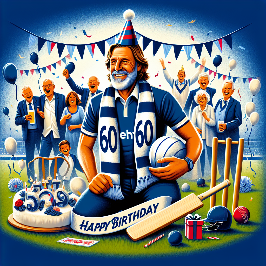 Create a nurturing illustration portraying a 60th birthday celebration themed around the interests of a cherished uncle. The design adopts the iconic navy and white colors, possibly with a scarf or jersey, that resonate with the Bolton Wanderers. Include definitive elements of English cricket such as a cricket bat, ball, and stumps, possibly casting a backdrop of a cricket pitch or subtly integrating within the decorations. The environment is vibrant and affectionate, accentuated by birthday streamers and balloons in the background. The Caucasian uncle, sporting a party hat, is delineated with a jubilant smile, amid a diverse group of family and friends, all bonded by their mutual love for football and cricket.
Generated with these themes: Bolton wanderers , English cricket , Uncle , and 60th birthday .
Made with ❤️ by AI.