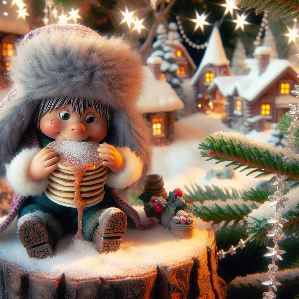This charming Christmas illustration captures a GTA character, wearing a cozy winter hat, sitting on a snow-covered log in Lapland. They're delighting in the taste of a warm pancake, with a quaint village and a sky full of stars in the distance, adding to the magical holiday ambiance.
Generated with these themes: gta character eating a pancake in lapland.
Made with ❤️ by AI.