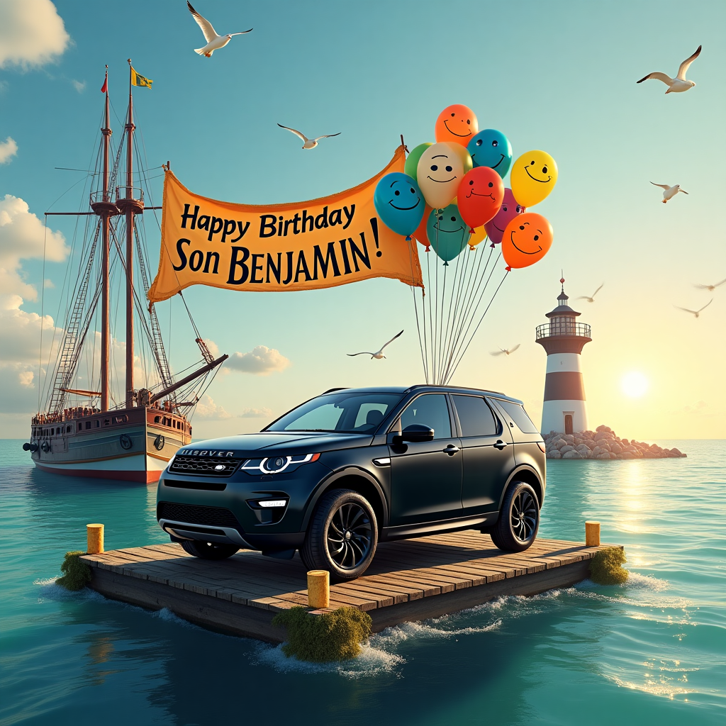 The scene is set on a sun-drenched oceanic vista where humor and whimsy meet the high seas. In the foreground, there's a sleek black two-door Discovery Sport that looks comically out of place but still very much a part of this marine adventure. It is parked atop a wooden dock that juts out over the crystal-clear waters, with its wheels slightly covered in barnacles and seaweed, hinting that it might have traveled underwater to get there. To its left, an exuberant pelagic boat is bobbing cheerfully, with its deck festooned with colorful birthday balloons. Each balloon has a small, smiling sea creature painted on it, from grinning dolphins to cheeky seagulls. Above this jovial scene, a large, ornate banner flutters between two tall ship masts that read "Happy Birthday Son Benjamin!" in bold, swirling letters, the words made to look like they're formed from playful white clouds. Behind the Discovery Sport, a small lighthouse stands guard, painted whimsically with giant candles along its cylindrical body, giving the impression of a giant birthday cake. Seagulls with tiny party hats circle overhead, and the sun is setting in the distance, casting a golden glow that perfectly illuminates the surreal birthday celebration by the sea.
Generated with these themes: Pelagic boat, and Black 2 door discovery sport.
Made with ❤️ by AI.