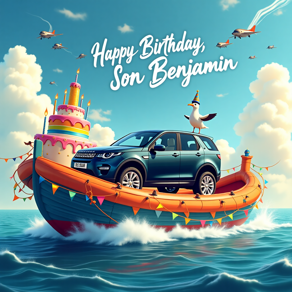 On the front cover of this birthday greeting card, imagine a vibrant, action-packed scene at sea where a sleek, black 2-door Discovery Sport SUV somehow floats atop a massive, whimsical pelagic boat. The boat is a riot of colors, painted in shades of ocean blue and sunset orange, and decorated with festoons of multicolored bunting that flutter in the salty sea breeze. The Discovery Sport, polished to a gleaming shine, rests securely on the boat’s deck, its windows reflecting the sparkling sun and ocean. The vehicle’s boot is open, and bursting from it is a giant, inflatable birthday cake complete with rainbow-colored layers and candles that seem to flicker with joy. Nearby, a quirky seagull wearing a tiny captain’s hat stands proudly on the SUV's roof, its beak open as if it’s leading a chorus of "Happy Birthday." Above this playful spectacle, the sky is dotted with fluffy clouds, and soaring amidst them are a group of skywriting planes. These planes, trailing trails of white smoke, have artfully written "Happy Birthday, Son Benjamin" in bold, elegant script that arcs beautifully across the sky. In the distance, dolphins leap from the waves in jubilant jumps, forming a playful backdrop. The entire scene is vibrant and brimming with life, capturing the essence of an unforgettable birthday adventure for "Son Benjamin."
Generated with these themes: Pelagic boat, and Black 2 door discovery sport.
Made with ❤️ by AI.