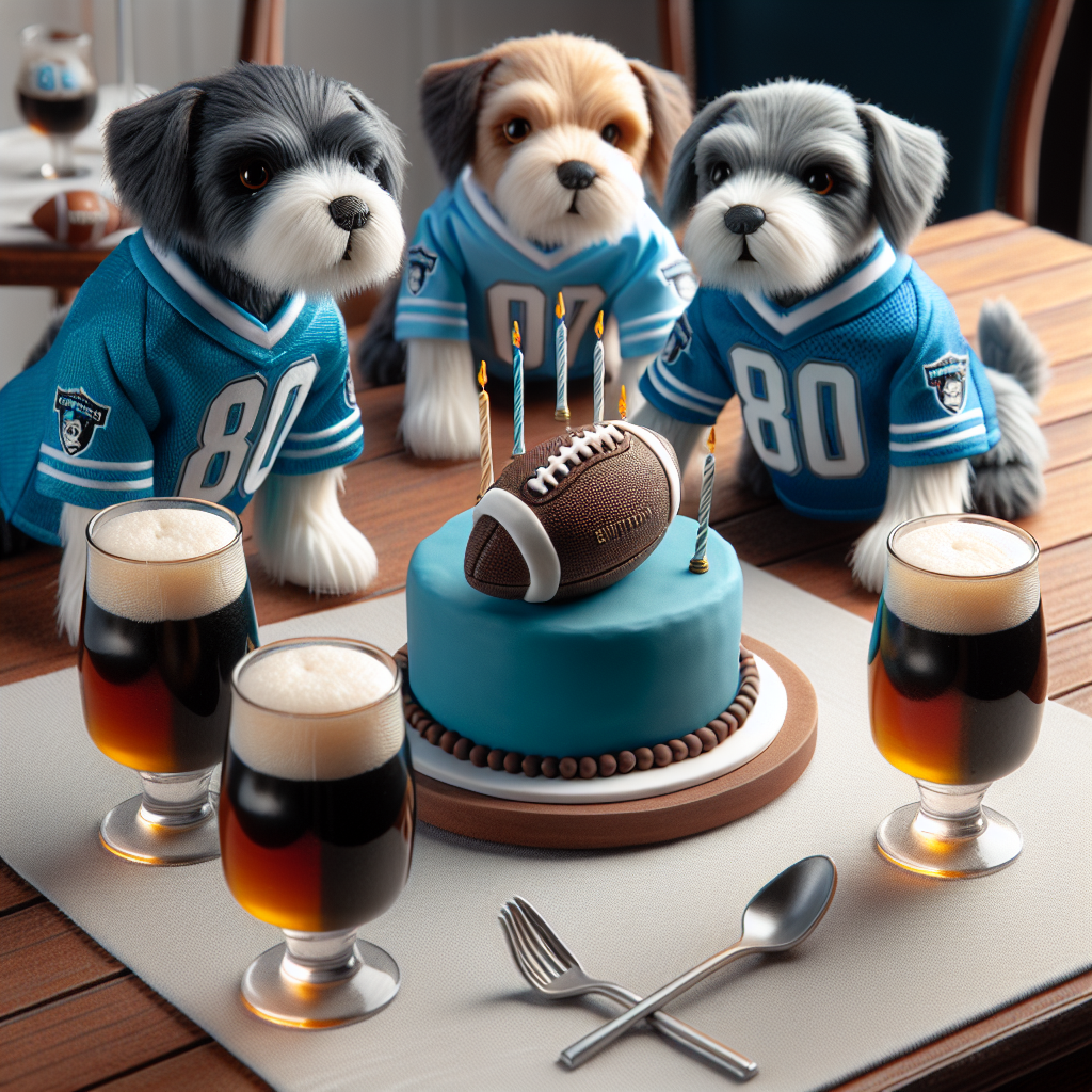 The scene is a realistic, yet adorable birthday celebration. Lifelike dogs, each wearing a miniature team uniform of sky blue and white, happily gather around a birthday table. The centerpiece of the scene is a meticulously designed cake shaped like a football, paired with a selection of glasses filled to the brim with dark, frothy ale, prepared to commemorate the occasion.
Generated with these themes: Dogs Man City Fc Guinness.
Made with ❤️ by AI.