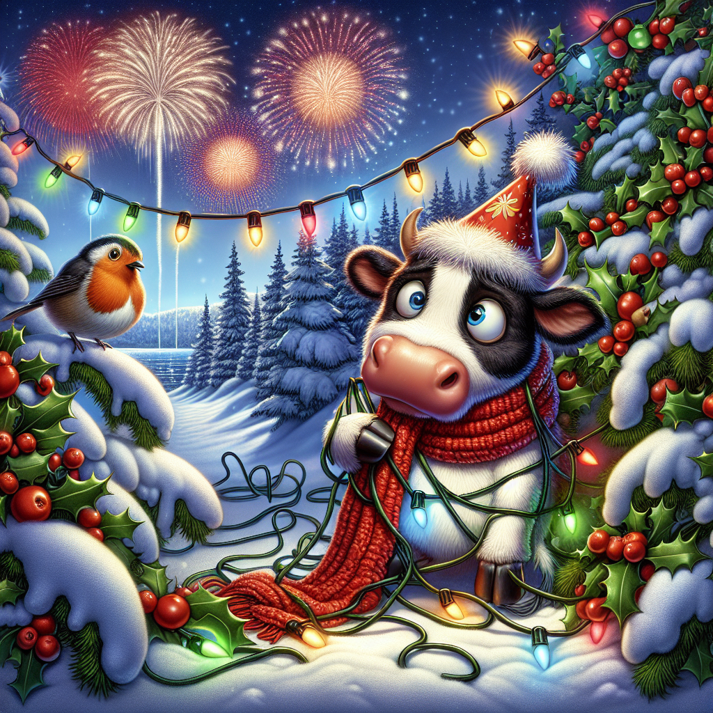 Snow, Steven Brown Moo, Holly Tree with Berries, and Robin New-year Card